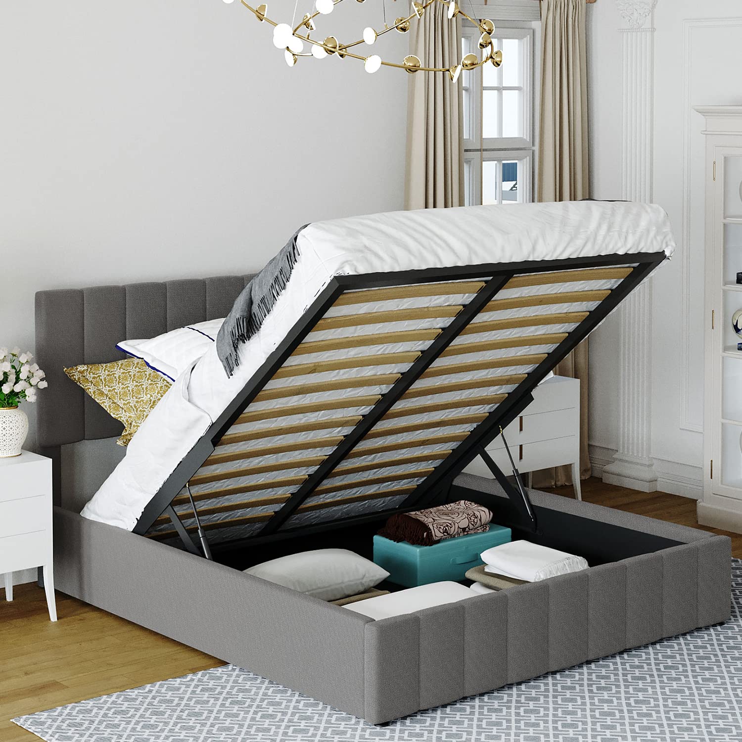 Harper & Bright Designs Queen Size Upholstered Lift-Up Storage Bed with Tufted Headboard - Wooden Platform Bed Frame with Underneath Storage for Kids, Teens & Adults (Gray) - Perfect for Small Bedrooms, Guest Rooms & Dormitories