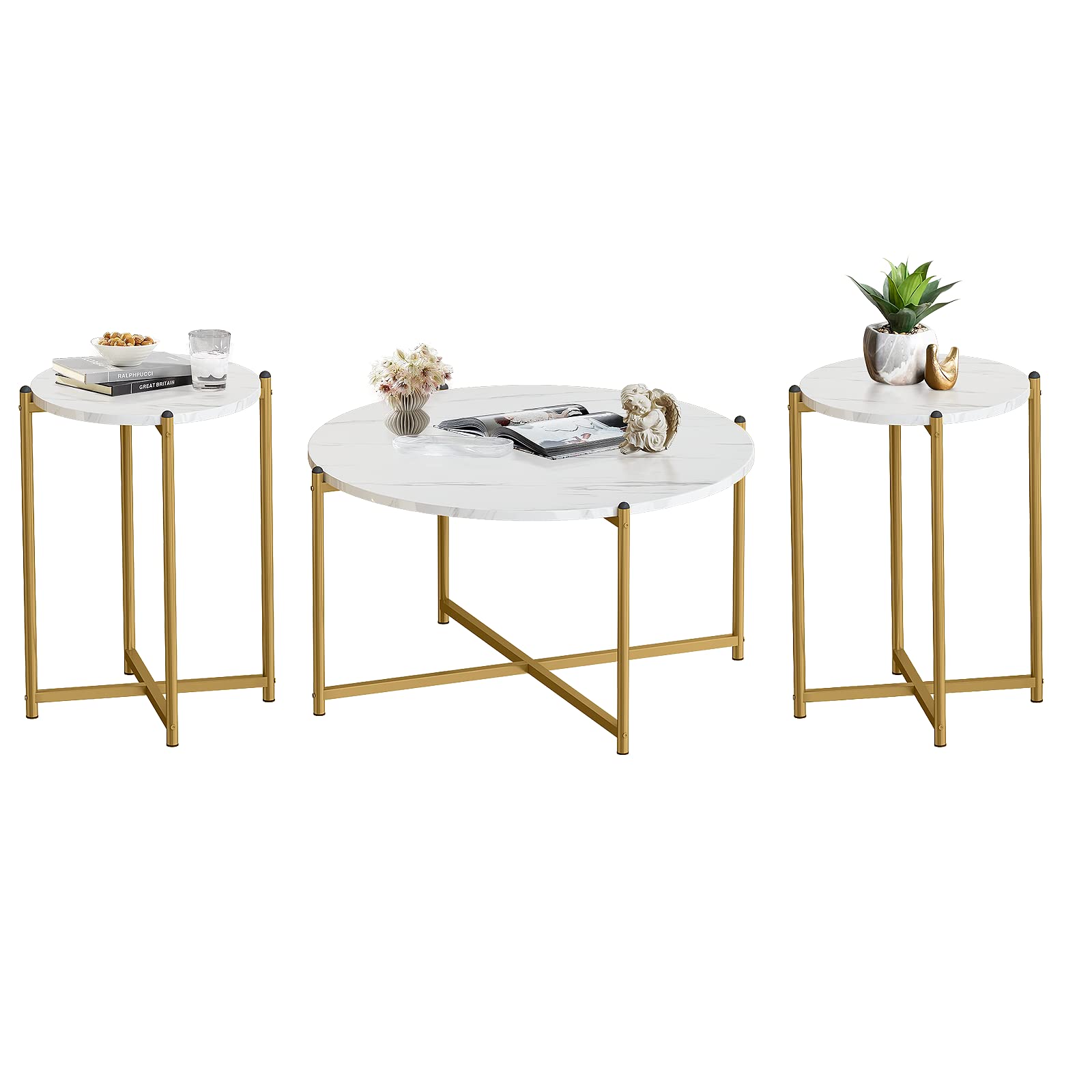 Lamerge 3-Piece Coffee Table Set - Modern Faux Marble Top with Gold Metal Frame, 1 Coffee Table & 2 Side Tables, White & Gold Living Room Furniture for Apartments, Offices - Perfect for Entertaining, Reading Nooks & Small Spaces (LCTR-W)