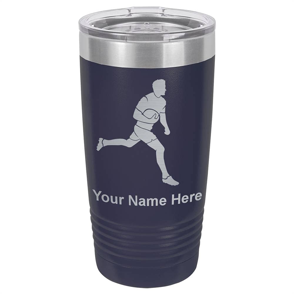 LaserGram 20oz Vacuum Insulated Stainless Steel Tumbler Mug with Personalized Engraving - Rugby Player Design, Navy Blue - Keeps Drinks Hot/Cold for Hours - Perfect for Sports, Gym, Office & Outdoor Activities