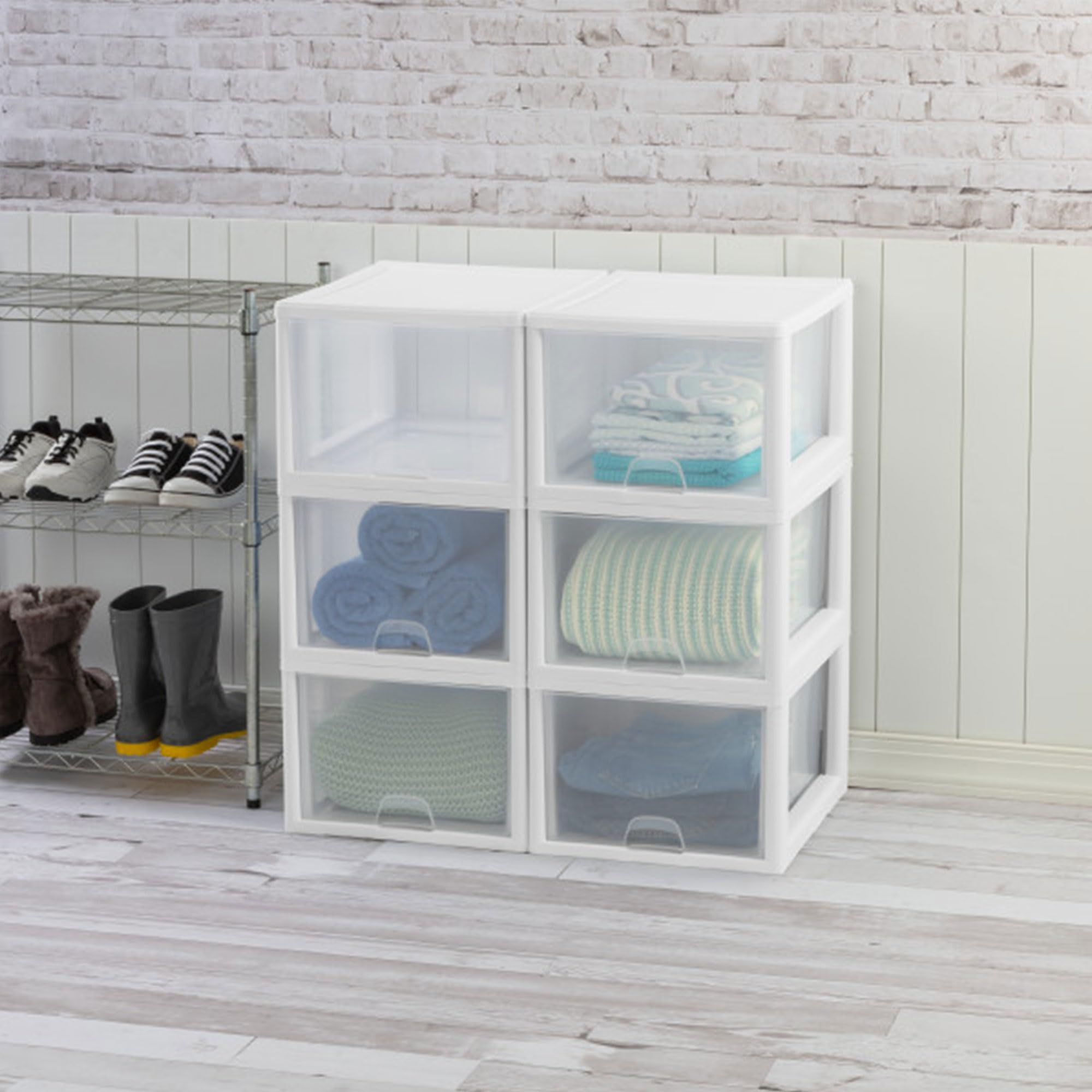 Sterilite 16-Pack Clear Stacking Drawers with White Frame - 27 Quart Plastic Storage Bins for Closet Organization - Perfect for Bedroom, Office, and Garage Storage Solutions
