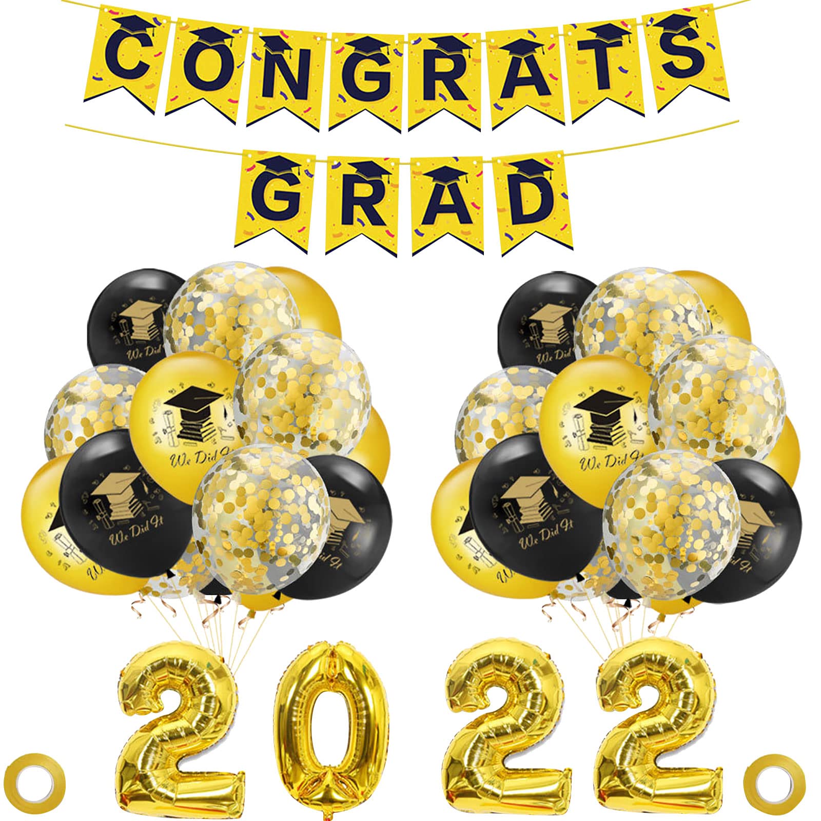 Mojoyce 2022 Graduation Balloon Decor Kit - 32 Inch Gold/Rose Gold/Blue Foil Balloons with Hanging Banner | Perfect for Grad Party Decorations, Photo Backdrop & Celebration Supplies | Great for Graduation Ceremonies, School Events & Birthday Parties