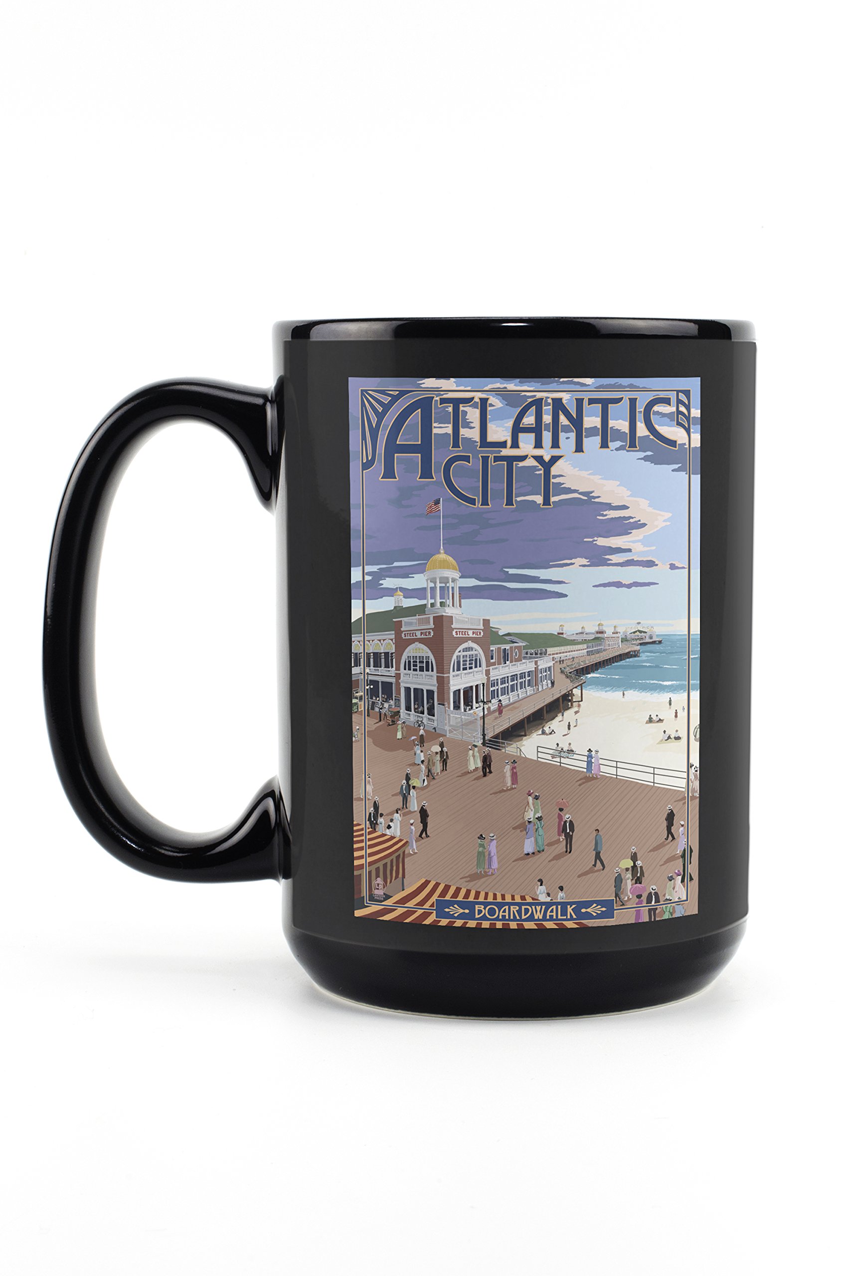 Lantern Press Atlantic City New Jersey Boardwalk 15oz Black Ceramic Coffee Mug - Microwave & Dishwasher Safe - Perfect for Home, Office & Travel