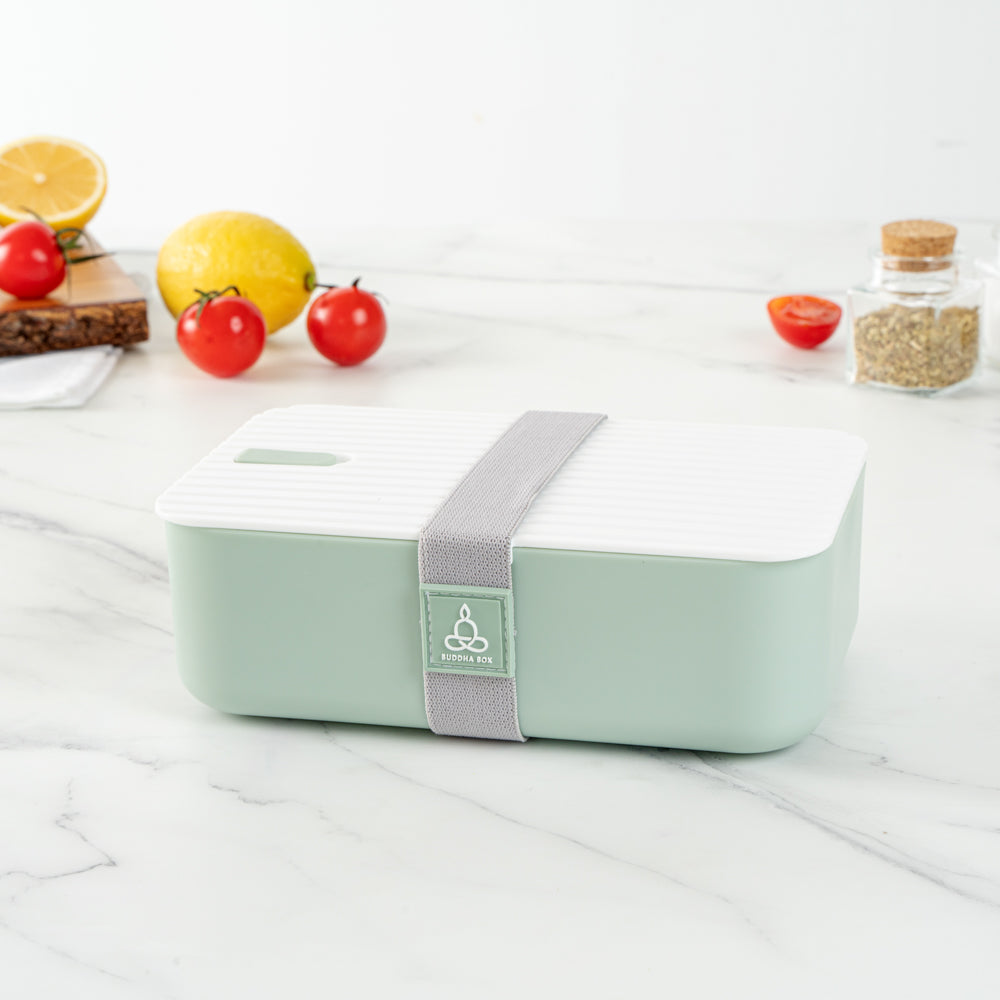 Bento Tek 34 oz Eco-Friendly Green Buddha Lunch Box with Secure White Lid - 7.5