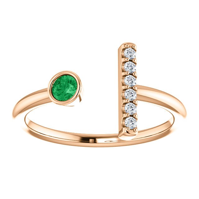 14K Gold 0.11ct Emerald & 0.05ctw Diamond Bezel Bar Ring - Elegant Stackable Jewelry for Women, Perfect for Everyday Wear & Special Occasions