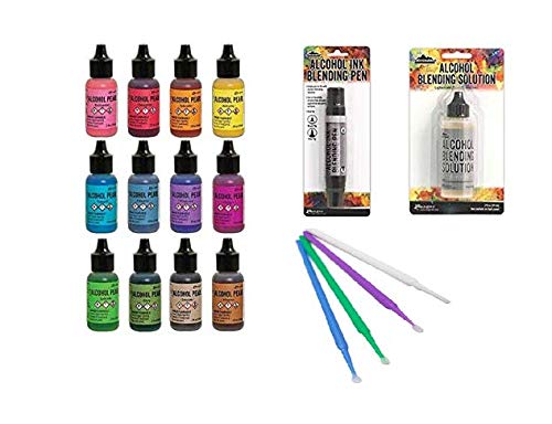 Ranger Tim Holtz Adirondack Alcohol Ink Pearl Set - 12 Pearls, Blending Solution, Pen & Purple Turtle Blending Stick for Yupo Paper, Cardstock, Resin Tinting | DIY Craft, Scrapbooking, Mixed Media Art Projects
