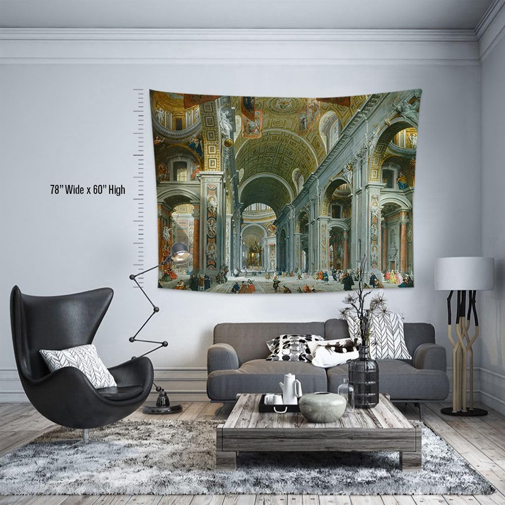 Vintage Classical Art Tapestry - Saint Peter's Basilica Interior Rome Masterpiece | 55x51 Inch Antique Home Decor Wall Hanging | Handmade in Turkey | Perfect for Living Room, Bedroom or Office Decoration