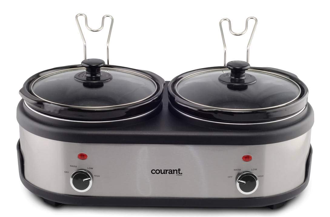 **Courant Double Slow Cooker - 2.5 Quart Crock Each (5 Quart Total) with Individual Cooking Controls, Dishwasher-Safe Stoneware & Glass Lids - Stainless Steel - Perfect for Family Dinners & Meal Prep**