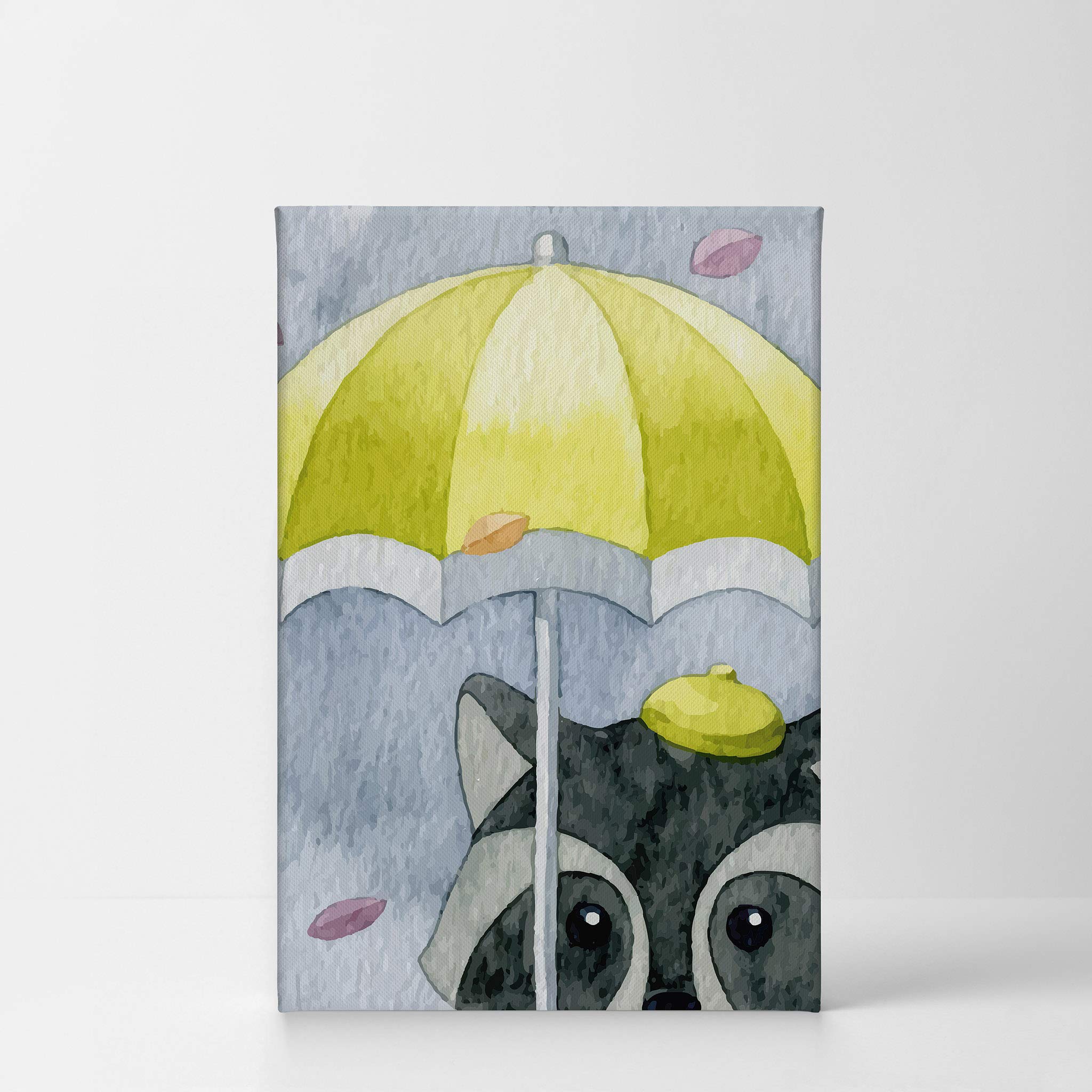 Smile Art Design Cute Raccoon Umbrella Painting - Gray Background Autumn Theme Canvas Print - Kids Room Decor, Nursery Wall Art - Ready to Hang 36x24 - Made in USA - Perfect for Baby Shower Gifts & Children's Bedroom Decoration
