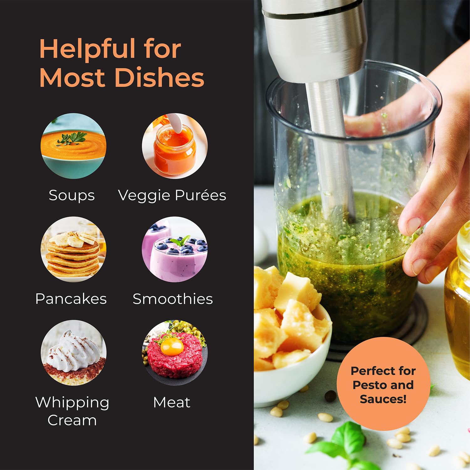 MuellerLiving 8-Speed Stainless Steel Immersion Hand Blender - Powerful 500W Electric Stick Blender with Turbo Mode for Smoothies, Soups, Sauces & Baby Food - Perfect Kitchen Gadget for Cooking, Baking & Meal Prep