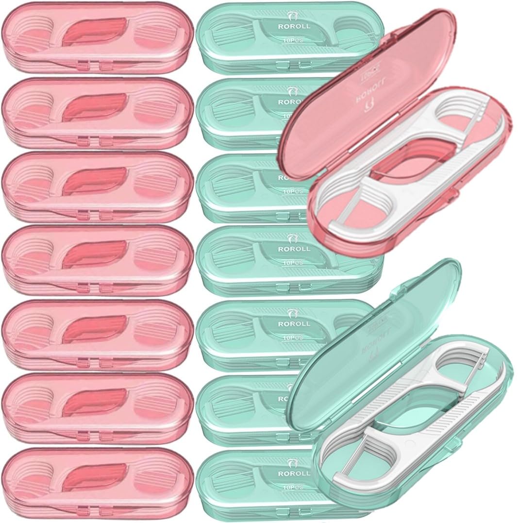14 Pack Travel Dental Floss Pick Case with 140pcs Premium QUALIALL Toothpicks - Portable Refillable Floss Holder for Adults (Green & Pink) - Perfect for Travel, Office & Daily Oral Hygiene