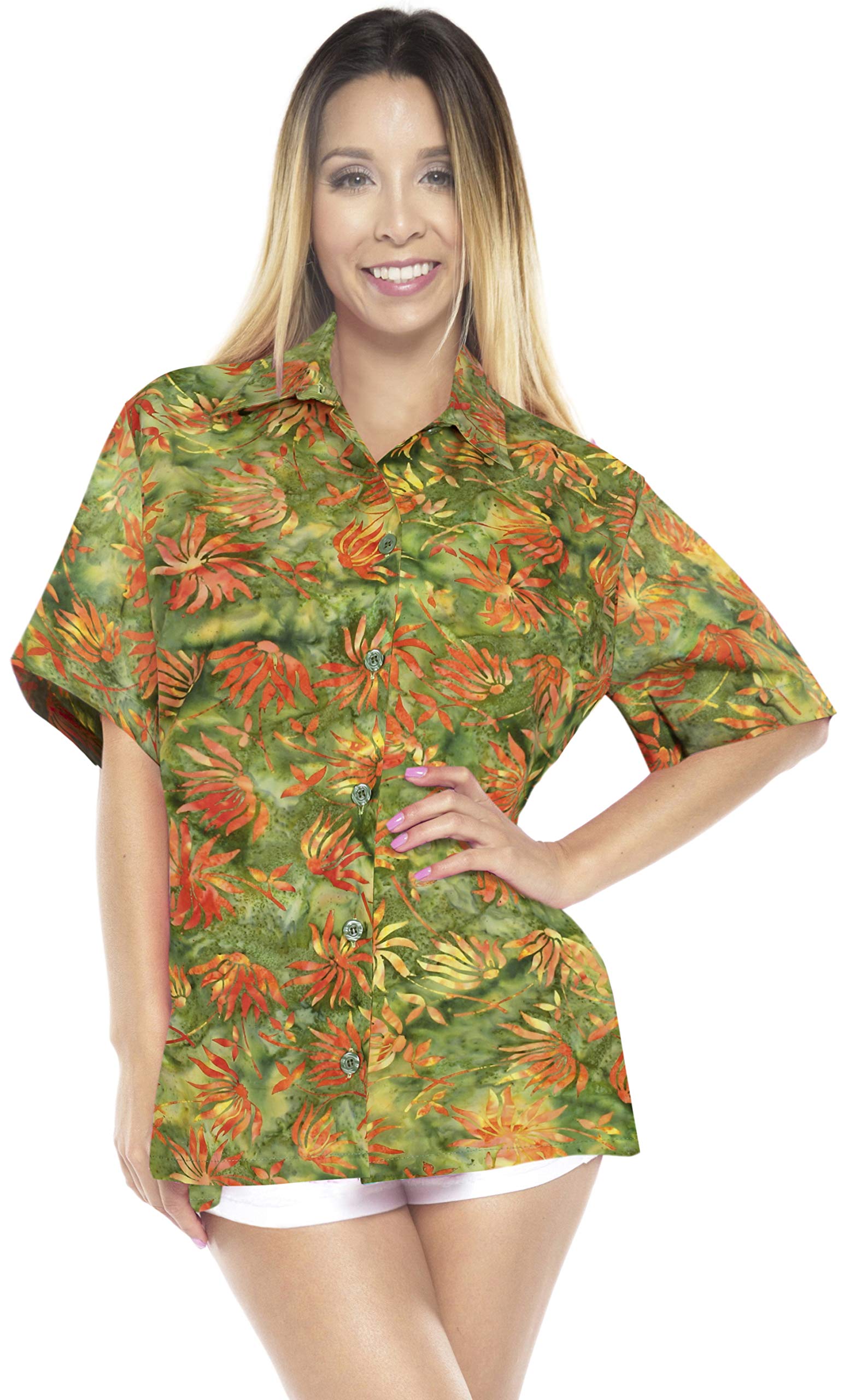 LA LEELA Women's Summer Casual Hawaiian Shirt - Short Sleeve Button Up Blouse with Spring Leaves Print - Beach Vacation, Pool Party & Tropical Outfit for Women (Green)