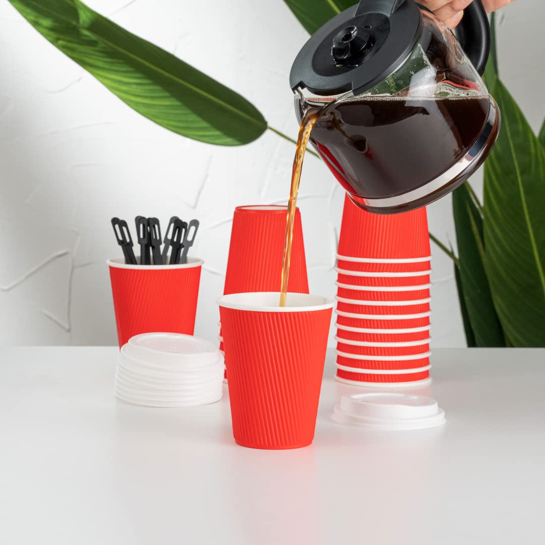 12oz Disposable Coffee Cups - 500 Pack Rippled Wall Hot Cups for Coffee, Tea, Hot Chocolate | Double Wall Insulated Red Paper Cups | Lids Sold Separately | Perfect for Restaurants, Cafes, Offices & Home Use