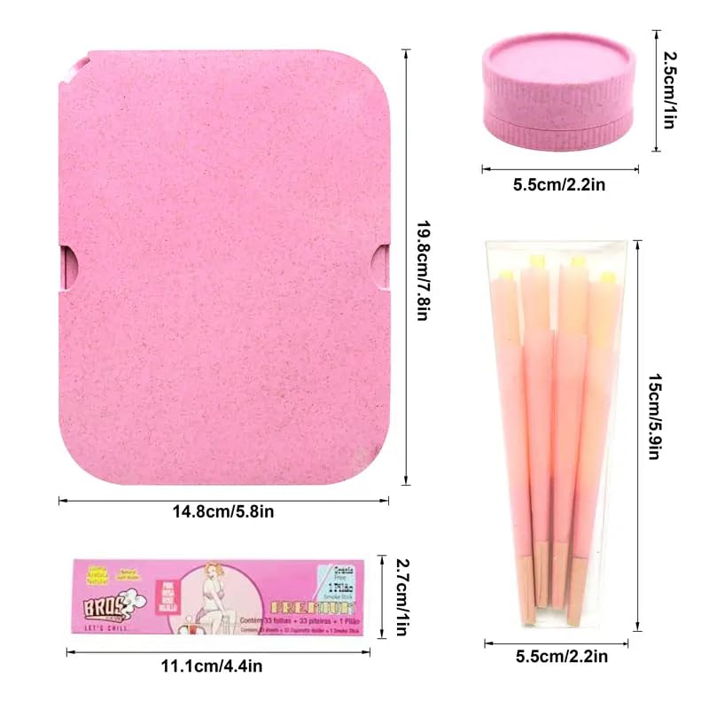Biodegradable Rolling Tray with Lid & King Size Grinder - Premium Smoking Kit with Rolling Papers | Perfect Gift for Smokers (Pink) - Ideal for Home Use, Travel & Outdoor Activities