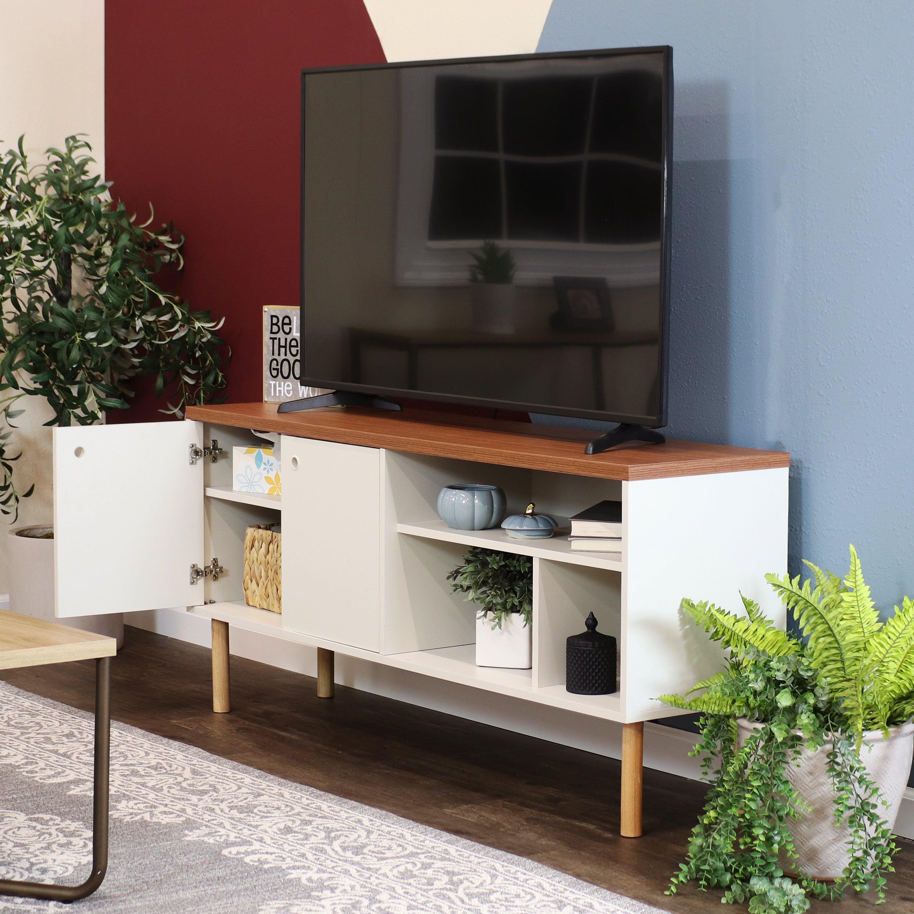 Mid Century Modern TV Stand for 55 Inch TV - Solid Wood Entertainment Center with Storage - Perfect for Living Room, Bedroom & Home Theater Setup