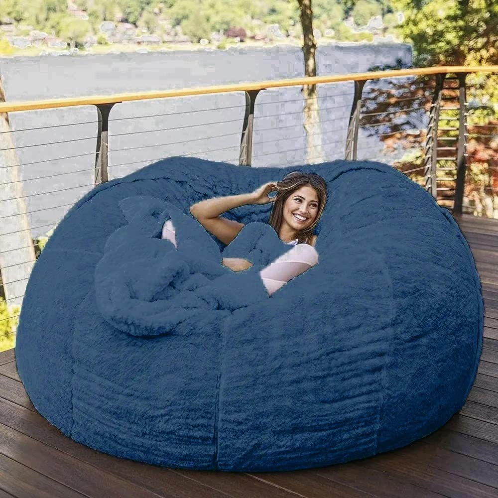 5 6 7 FT Velvet Bean Bag Chair Cover - Soft Fluffy PV Fabric Replacement for Round Sofa Bed - Peacock Blue - Perfect for Living Room, Bedroom, Dorm & Game Room Lounging