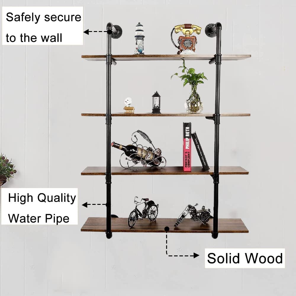 Industrial Pipe Shelving Wall Mounted - 36.2 Inch 4 Tier Floating Shelf Unit, Heavy Duty Metal Bookshelf for Bedroom, Kitchen, Office Storage | Space-Saving Wall Shelves for Home Organization & Decoration