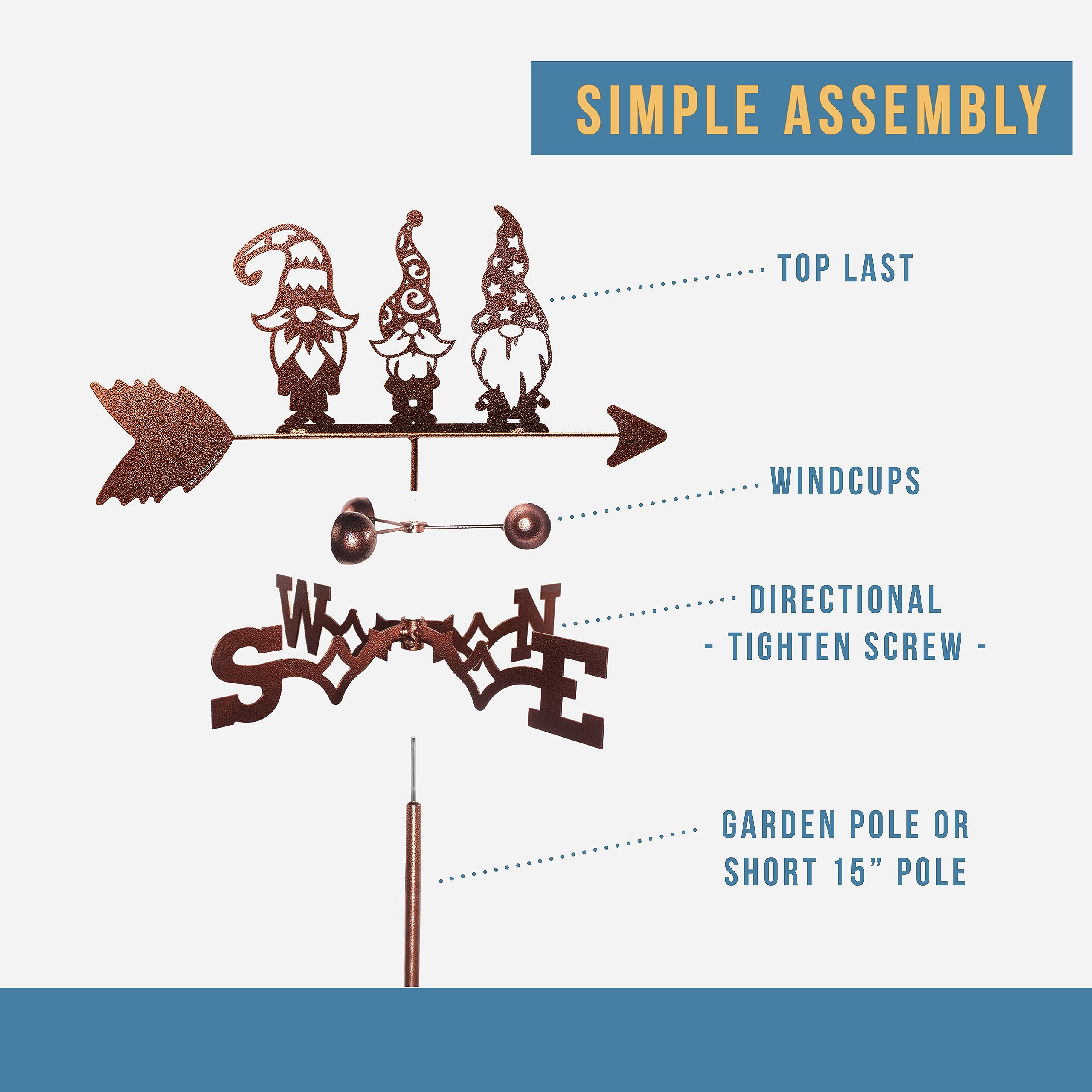 SWEN Adjustable Garden Gnome Weathervane with Mount - Perfect for Outdoor Decor, Lawn Ornaments & Backyard Landscaping