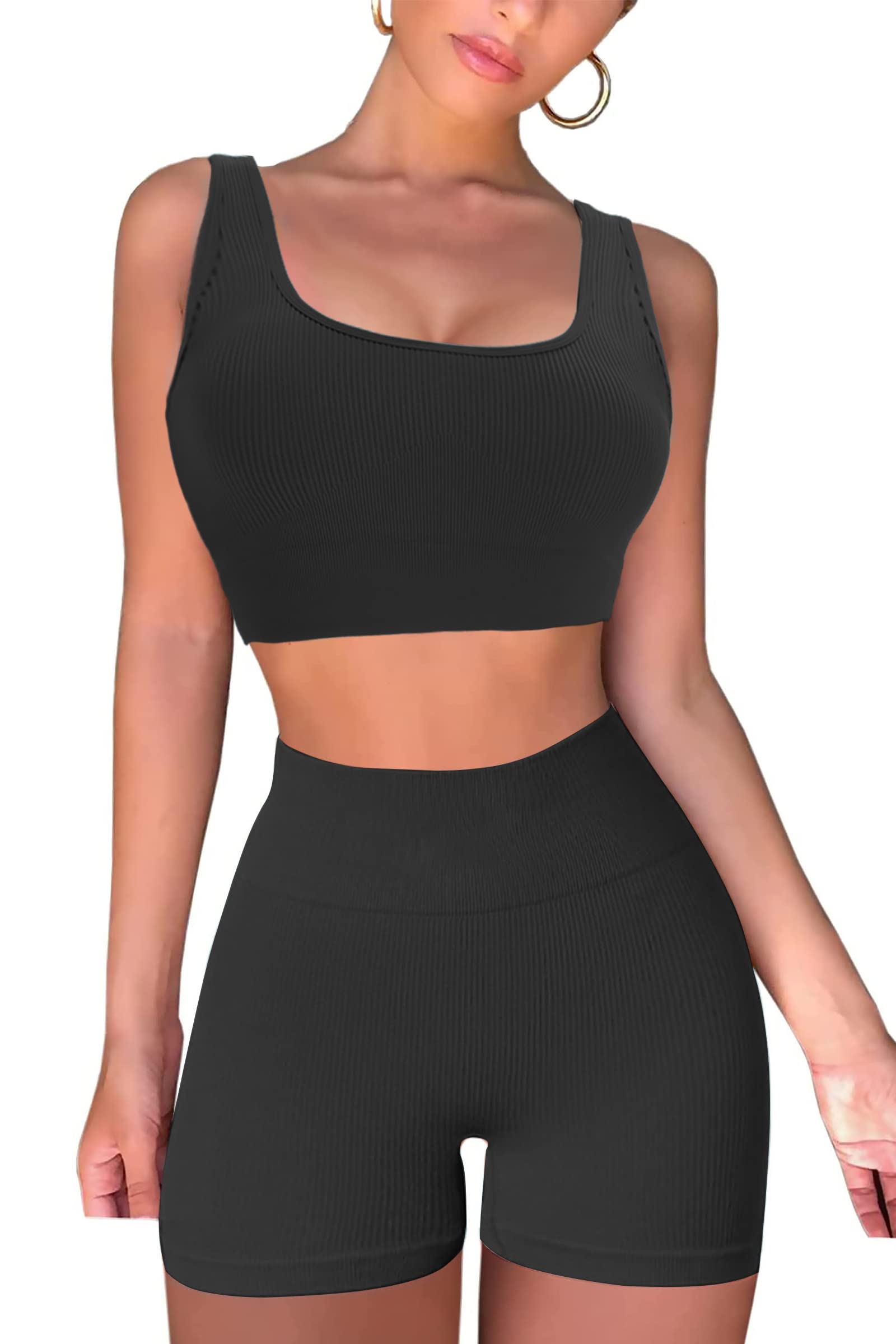 YVYVLOLO Women's 2-Piece Workout Set - Seamless Ribbed Sports Bra & High Waist Yoga Shorts | Gym, Yoga, Running & Lounge Wear