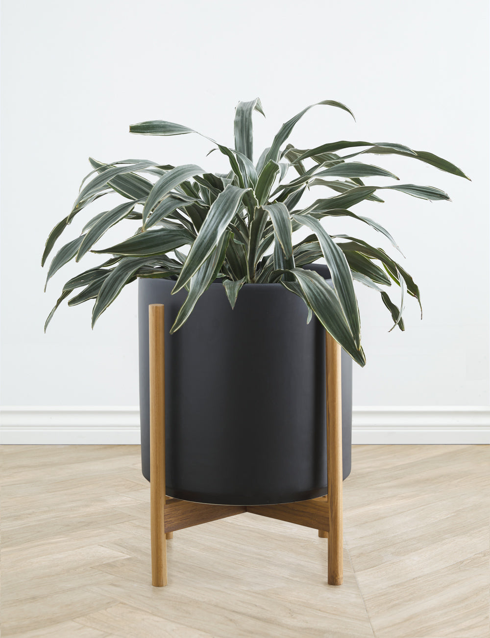 LBE Design Ceramic Planter Pot with Teak Wood Stand - Modern Indoor Outdoor Flower Pot for Home Garden, Patio, and Office Decor