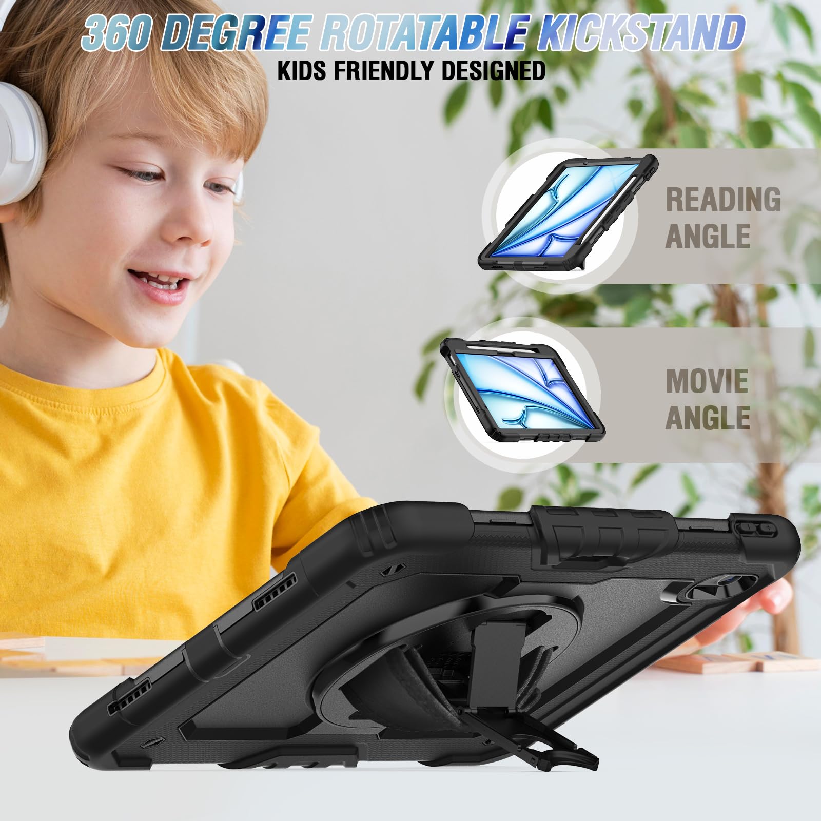 Herize iPad Air 11 Inch Case (2024/2025, 7th/6th Gen) - Shockproof Silicone Cover with Built-in Stand, Screen Protector & Pen Holder | Shoulder Strap Included | Perfect for Work, Travel & Outdoor Use