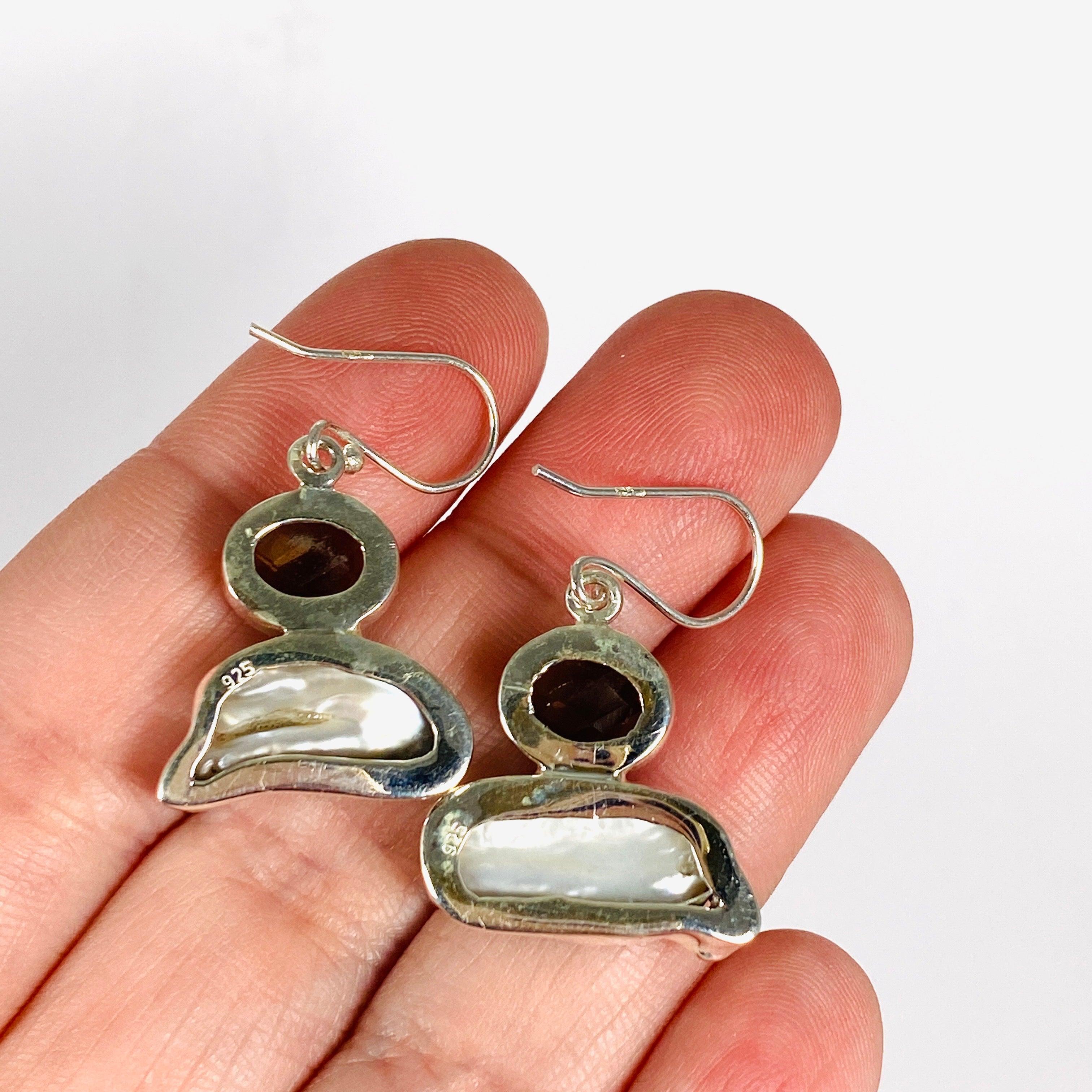 Pearl and Smokey Quartz Faceted Dangle Earrings E2393 SQ - Elegant Jewelry for Women, Perfect for Weddings, Parties & Special Occasions