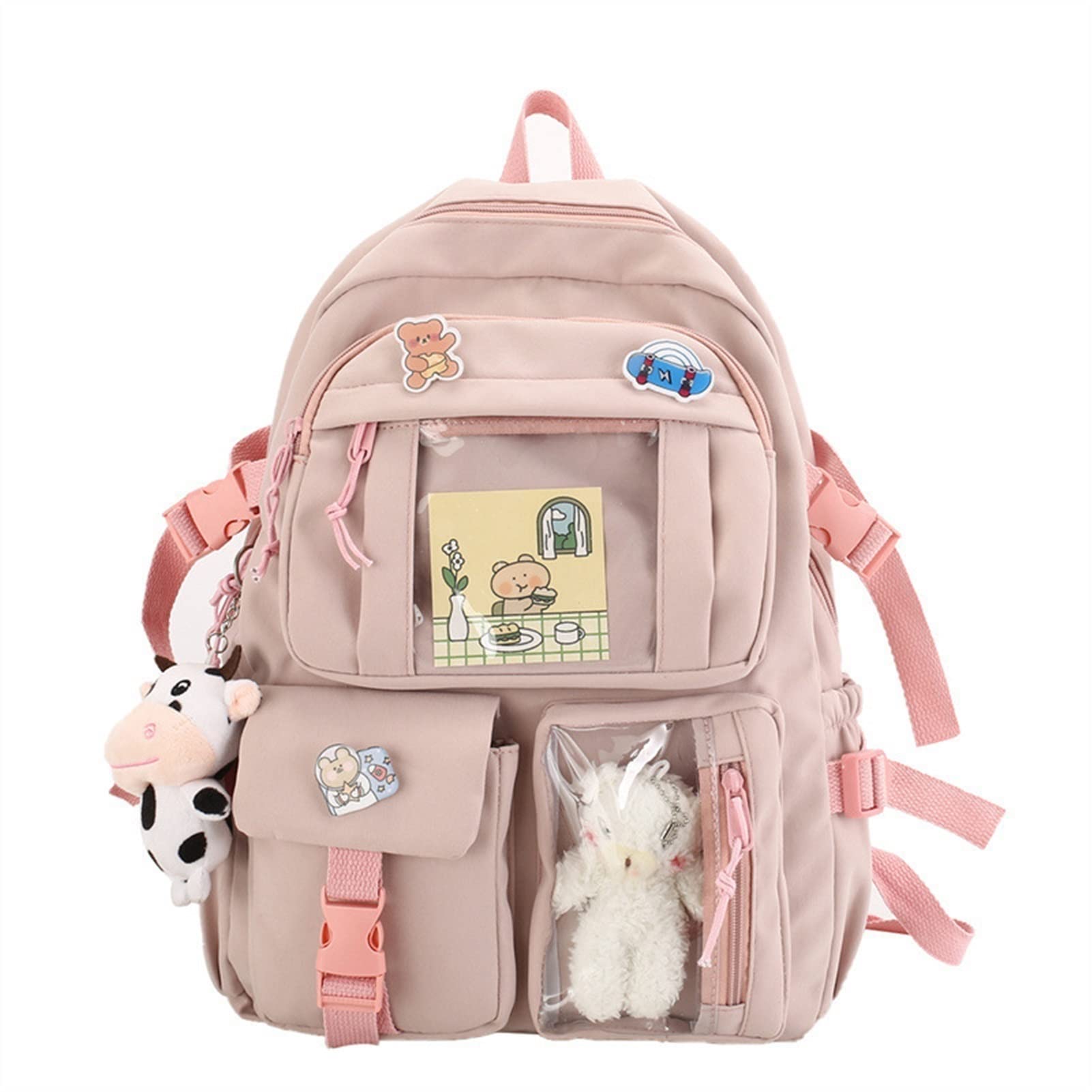STUSOO Cute Kawaii Backpack for School - Aesthetic Pink Backpack with Pins | Stylish Laptop Bag for College, Travel & Everyday Use | Kawaii Accessories Gift for Girls & Teens