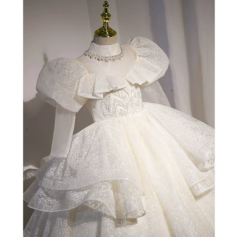 White Princess Jewel Neck Floor-Length Organza Flower Girl Dress for Weddings & Special Occasions