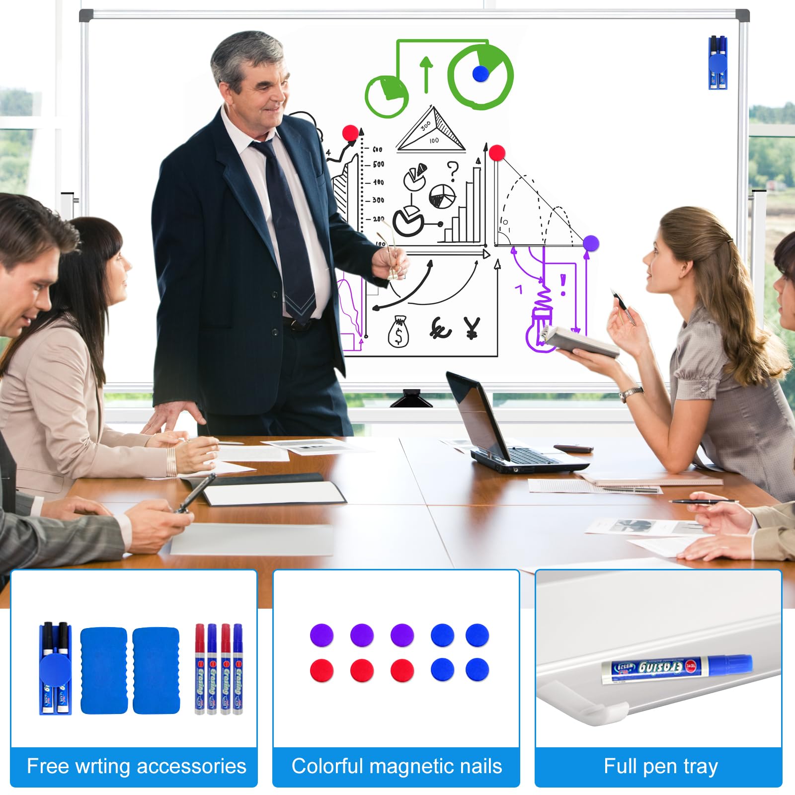 72 x 40 Inch Large Magnetic Dry Erase Board on Wheels - Double Sided Mobile Whiteboard with Stand | Includes 3 Erasers, 6 Markers & 10 Magnets | Perfect for Classrooms, Offices & Home Use