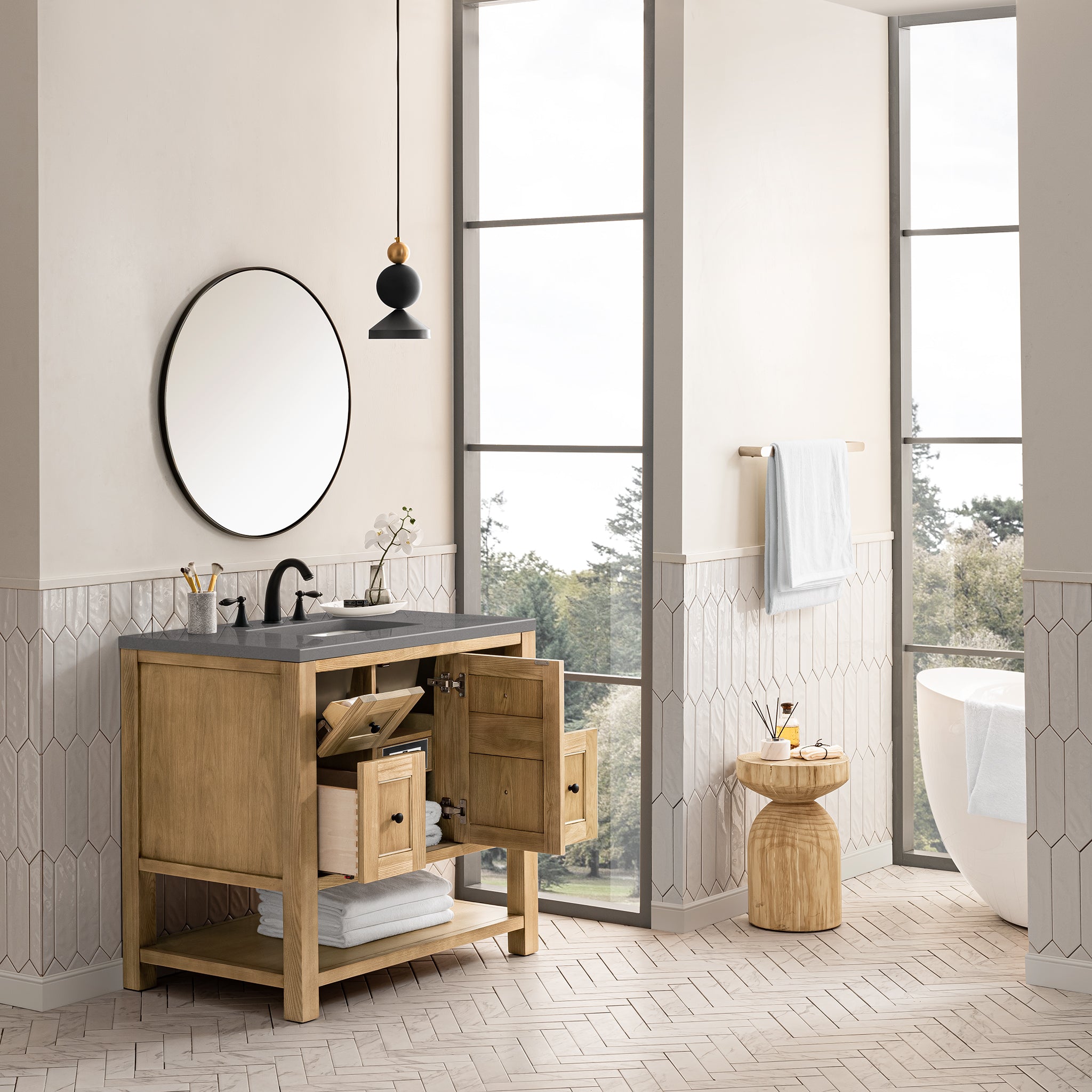 Breckenridge 36 Inch Single Bathroom Vanity in Light Natural Oak with 3CM Grey Expo Top - Perfect for Modern Home Bathroom Renovation and Space-Saving Design