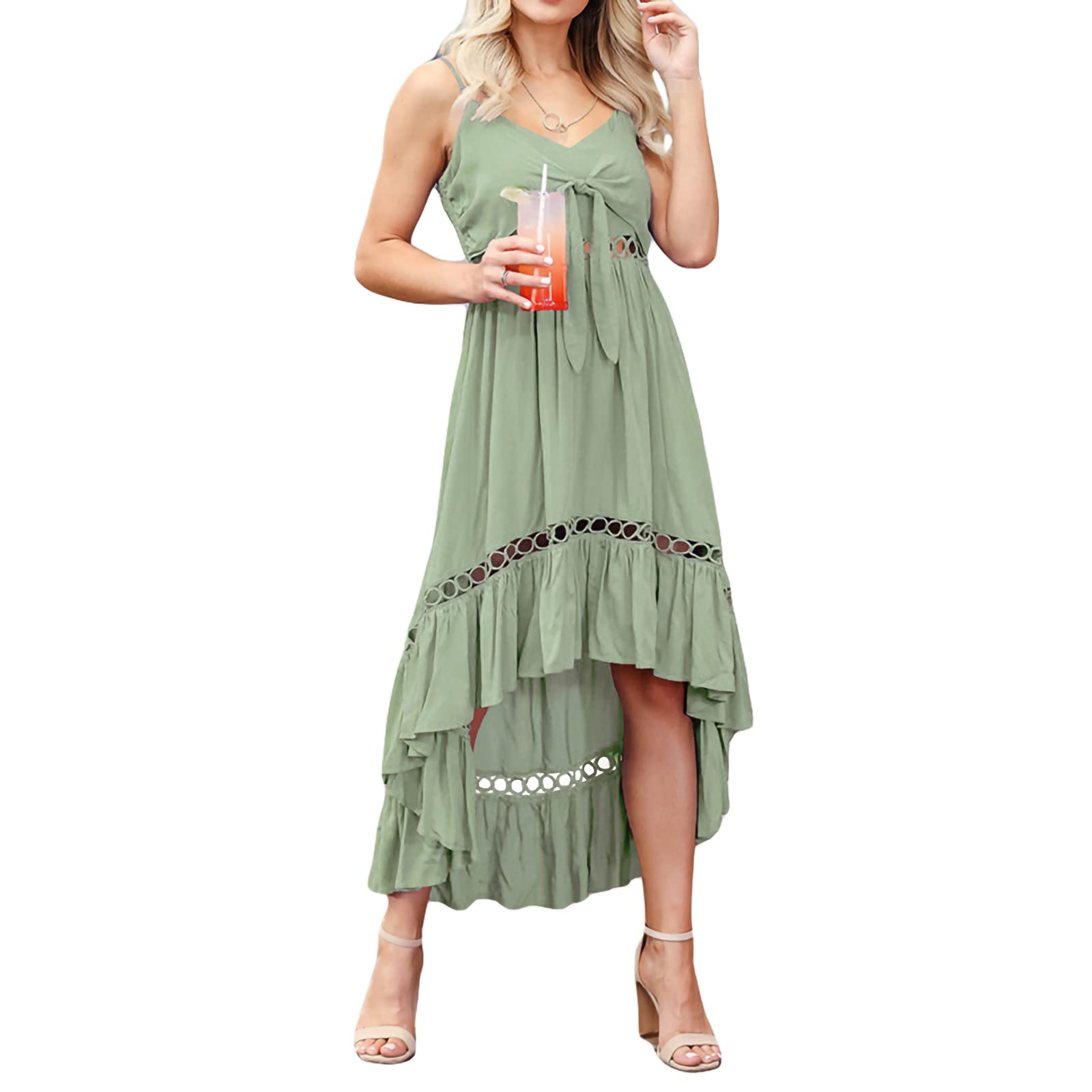 FOllsy Women's High-Low V-Neck Summer Dress - Spaghetti Strap Tie Front, Breathable Swing Flowy Ruffle Hem A-Line Midi Dress (Large, Green) | Perfect for Beach Vacations, Date Nights & Summer Parties