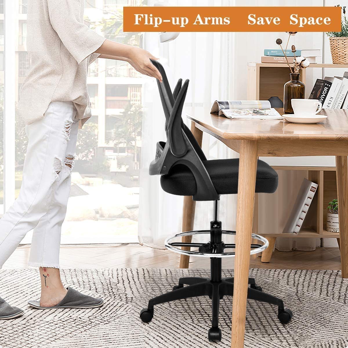 Ergonomic Drafting Chair with Flip-Up Arms & Footrest - Adjustable Height Swivel Rolling Office Chair for Standing Desk, Bar High Desk - Supports 250lbs - Perfect for Artists, Architects & Home Office Use