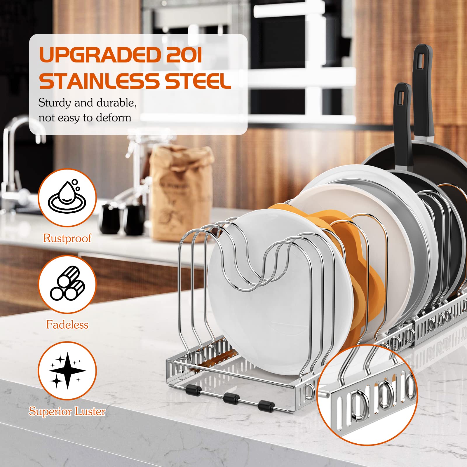 Stainless Steel Expandable Pot and Pan Organizer Rack for Cabinet - 14 Adjustable Dividers, Kitchen Storage Solution for Pots, Pans & Lids - Perfect for Small Spaces & Cluttered Kitchens
