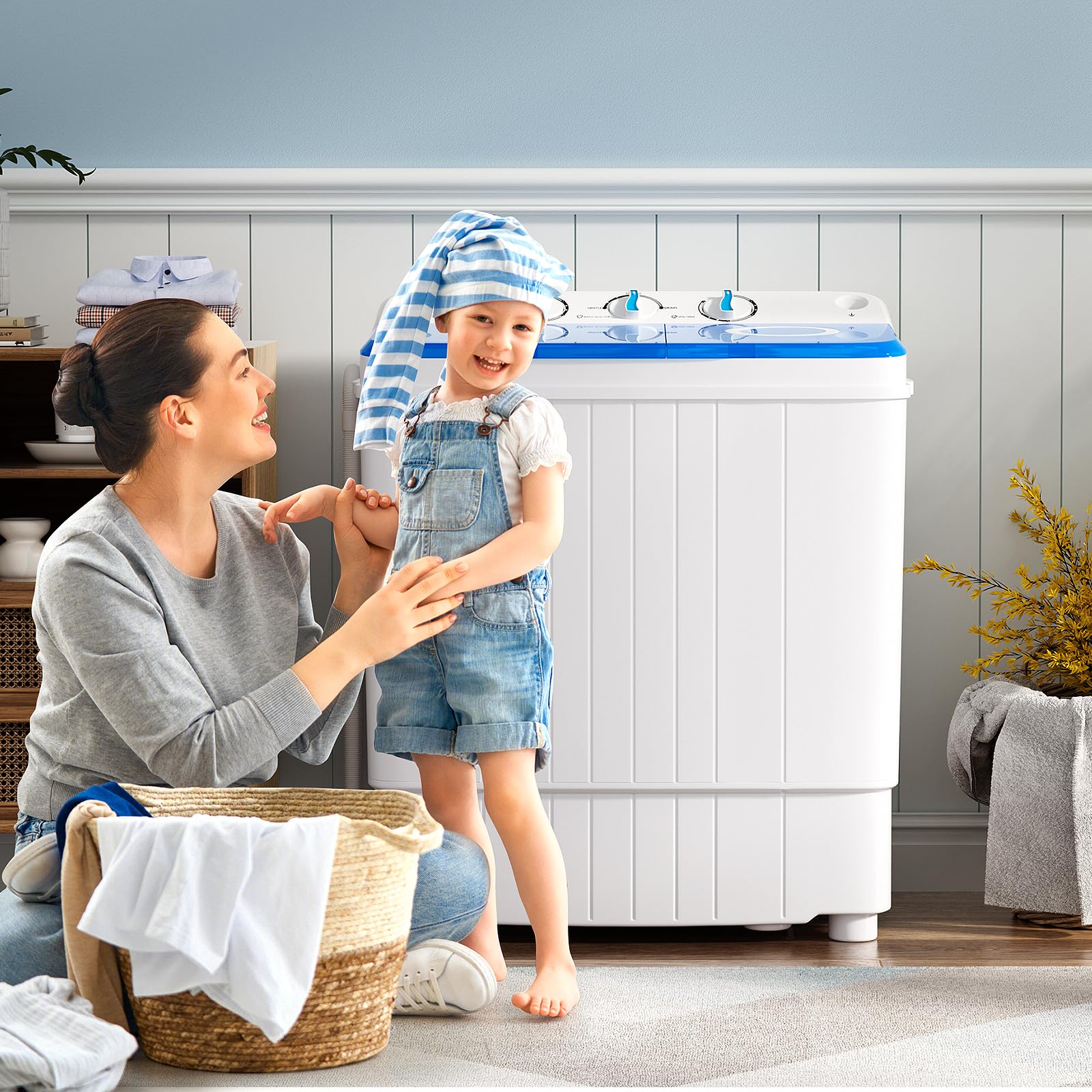 Giantex Portable Twin Tub Washing Machine 17.6lbs Compact Washer & Spinner Combo with Pump Drain - 11lbs Wash & 6.6lbs Spin Capacity - Ideal for Apartments, RVs, Dorms & College Students (White & Blue) - Perfect for Small Spaces & Travel Laundry Needs