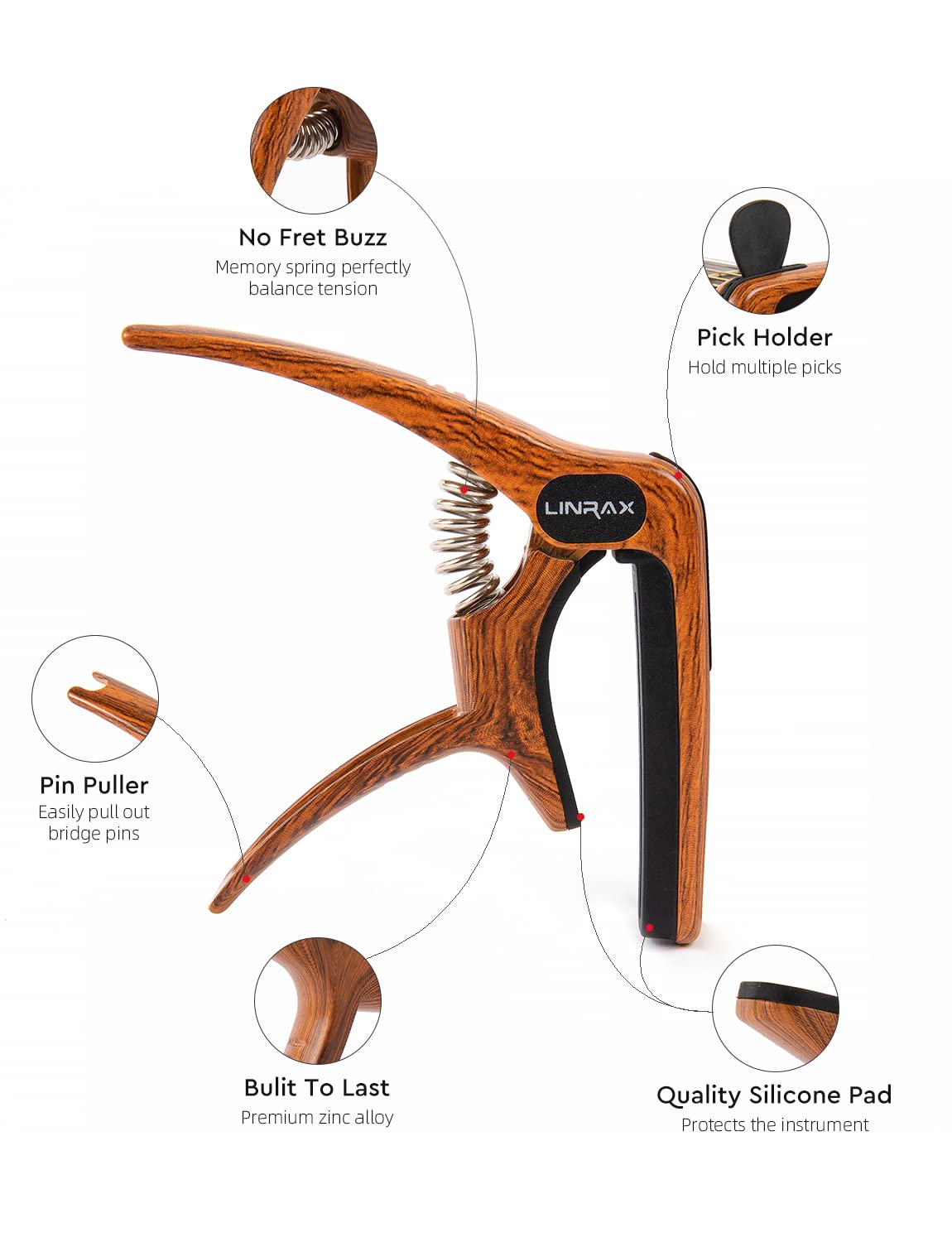 Premium C1 Guitar Capo - 3-in-1 Zinc Alloy Capo with Pick Holder & Bridge Pin Puller for Acoustic, Electric Guitar, Bass, Ukulele, Banjo, Mandolin | Professional Wood Grain Guitar Accessories for Live Performances & Studio Recording