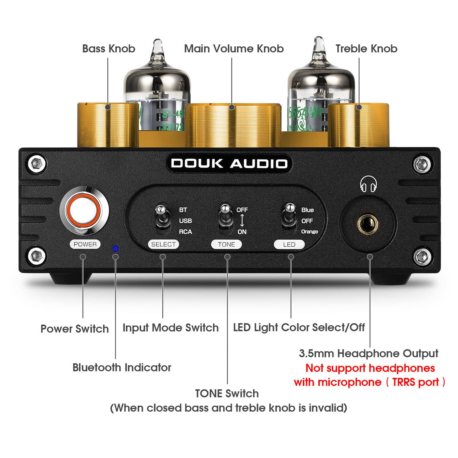 Douk Audio P1 Tube Preamp - Bluetooth 5.0 Hi-Fi Preamplifier with GE5654 Vacuum Tube, Wireless Audio Receiver, USB DAC, APTX-HD Support for Home Theater & Audiophile Systems