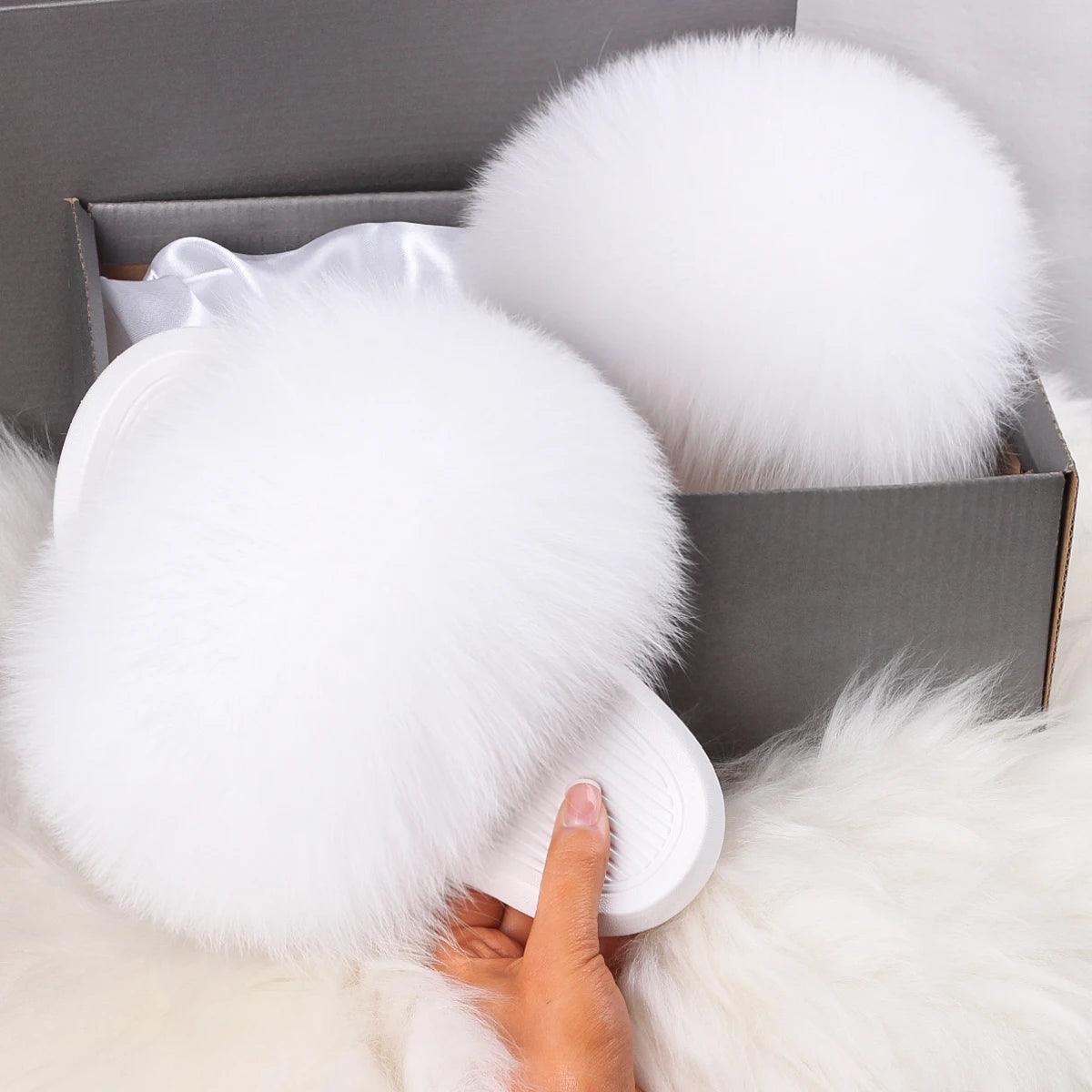 Women's Fluffy Fox Fur Slippers - Cozy Plush House Sandals for Indoor Comfort & Winter Warmth | Perfect for Lounge, Bedroom & Gift Giving