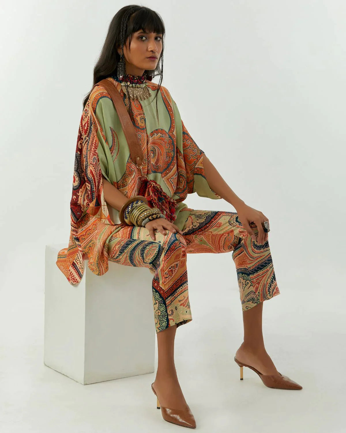 Ash Green Mandala Print Women's Tunic Top - Boho Chic Blouse for Casual Wear, Yoga, and Festivals