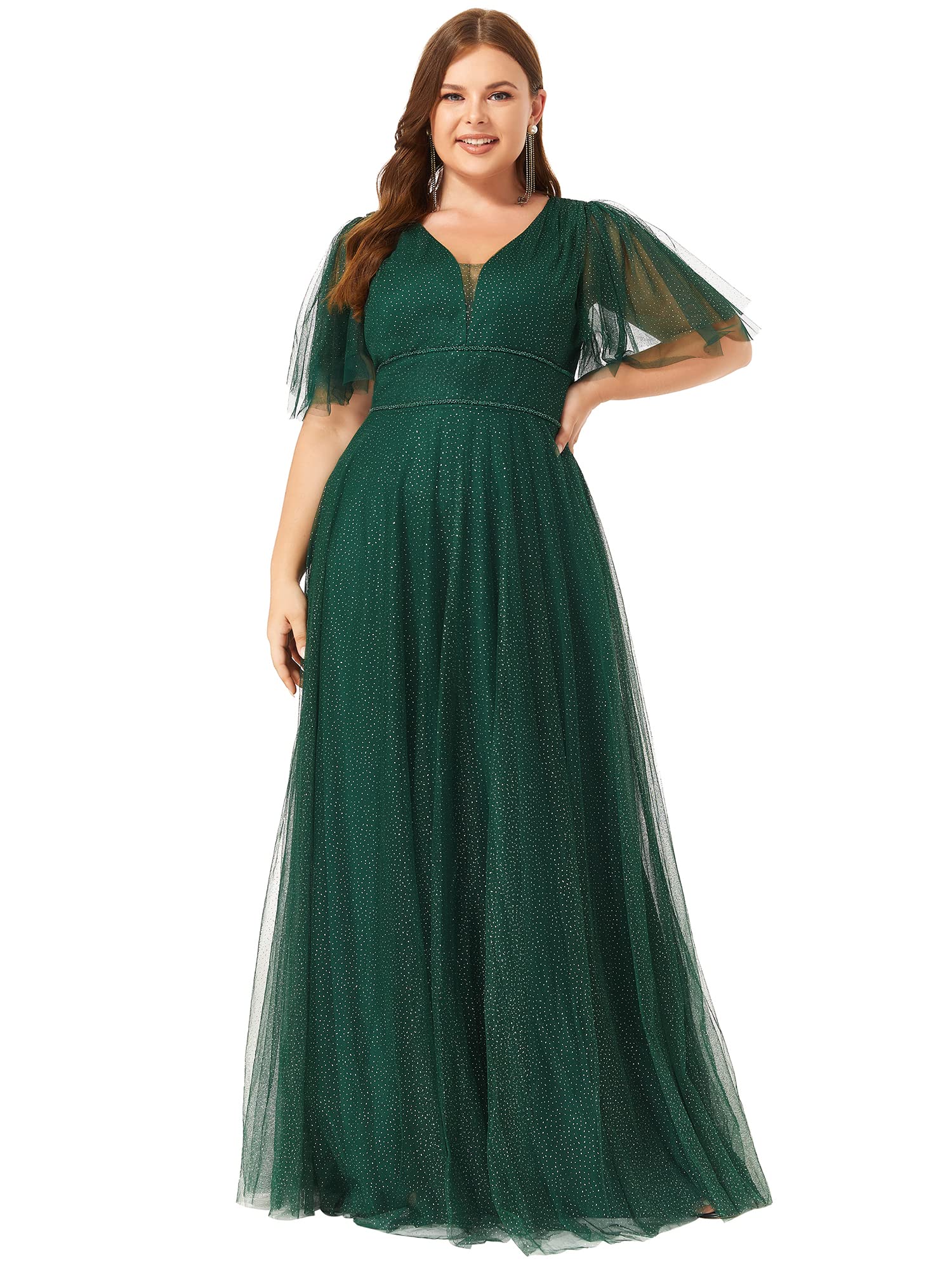 Ever-Pretty Plus Size Illusion Short Flare Sleeve Tulle Wedding Guest Dress for Women - Elegant Formal Gown for Bridal Shower, Evening Party & Special Occasions