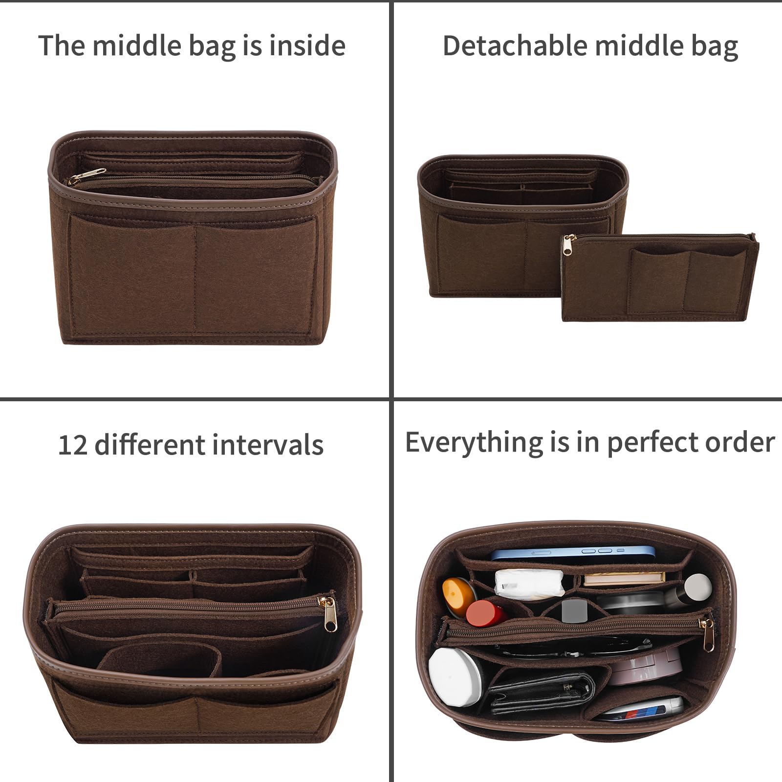 Premium Felt Purse Organizer Insert with Metal Zipper - 6 Sizes for Tote Bags | Compatible with Neverfull, Speedy & More Handbags | Perfect for Travel, Work & Daily Organization