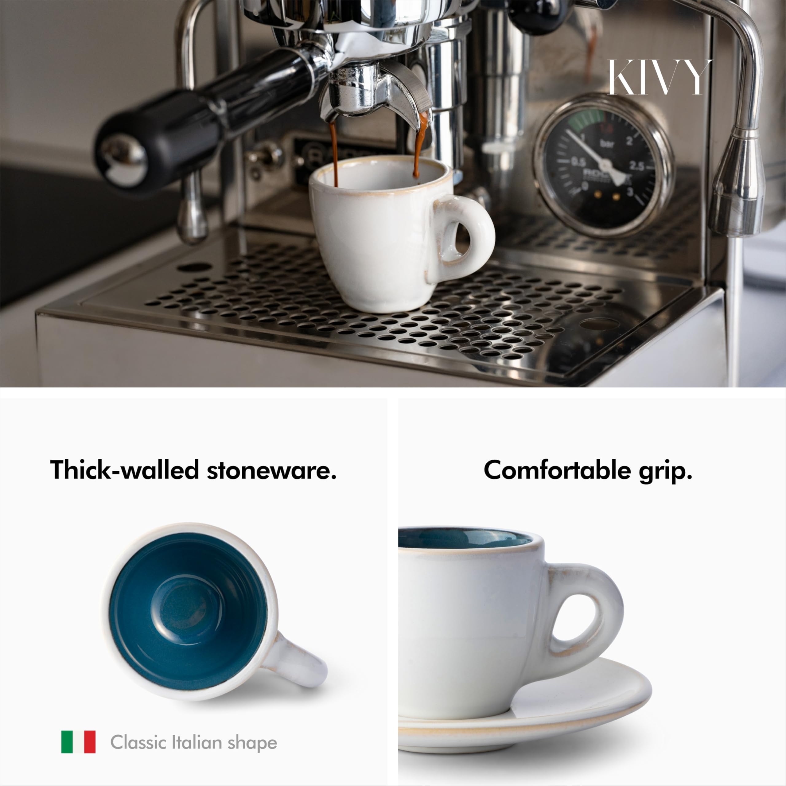 KIVY 4-Piece 3 oz Stoneware Espresso Cup Set with Saucers - Thick Walled Italian Style Coffee Mugs for Espresso Shots - Durable Ceramic Espresso Cups in Blue - Perfect for Home, Cafe, and Restaurant Use