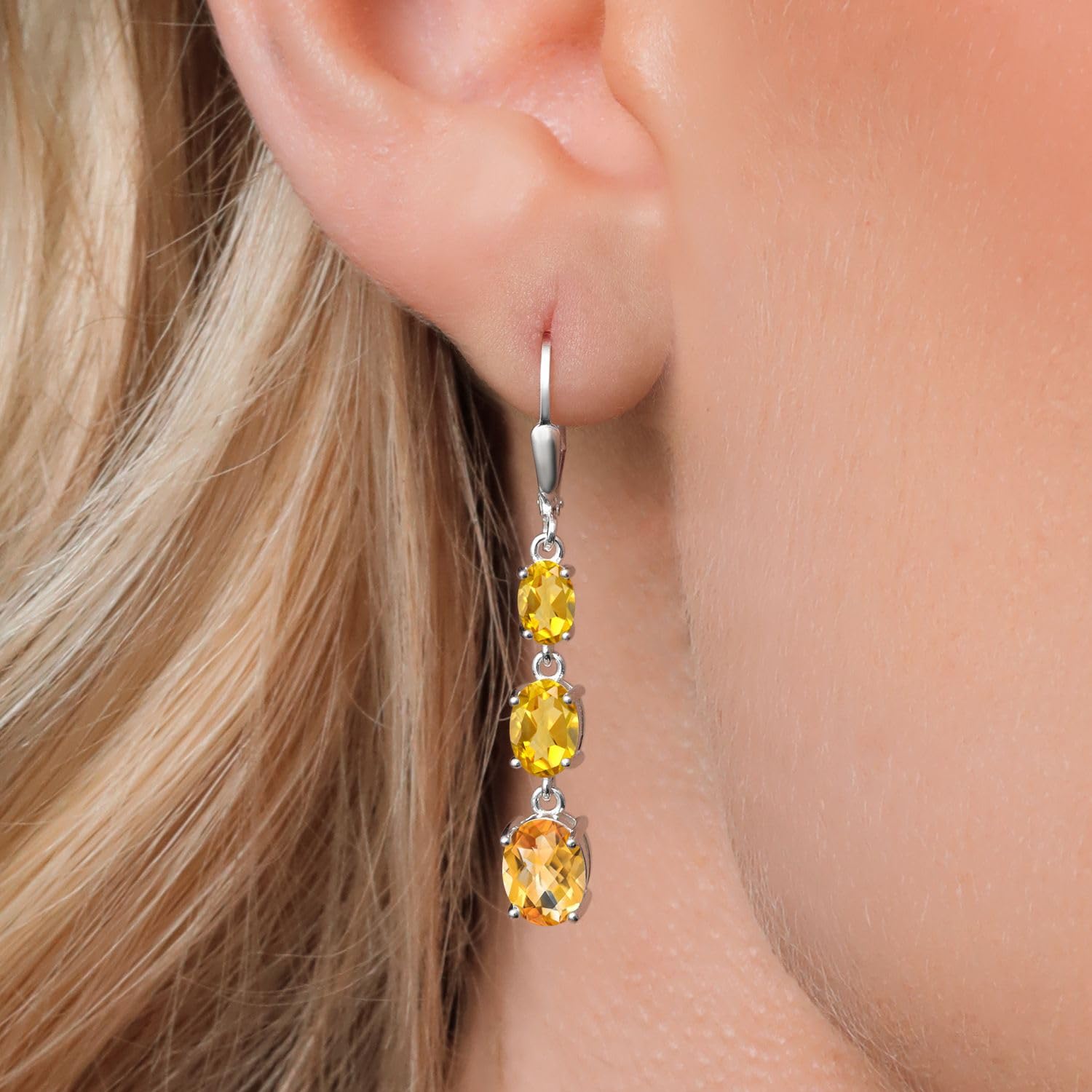 Gem Stone King 3-Stone Leverback Drop Dangle Earrings for Women - 925 Sterling Silver Birthstone Jewelry | Oval 8x6mm, 7x5mm & 6x4mm Gemstones | Elegant Gift for Mom, Wife, Her | Perfect for Weddings, Anniversaries & Special Occasions