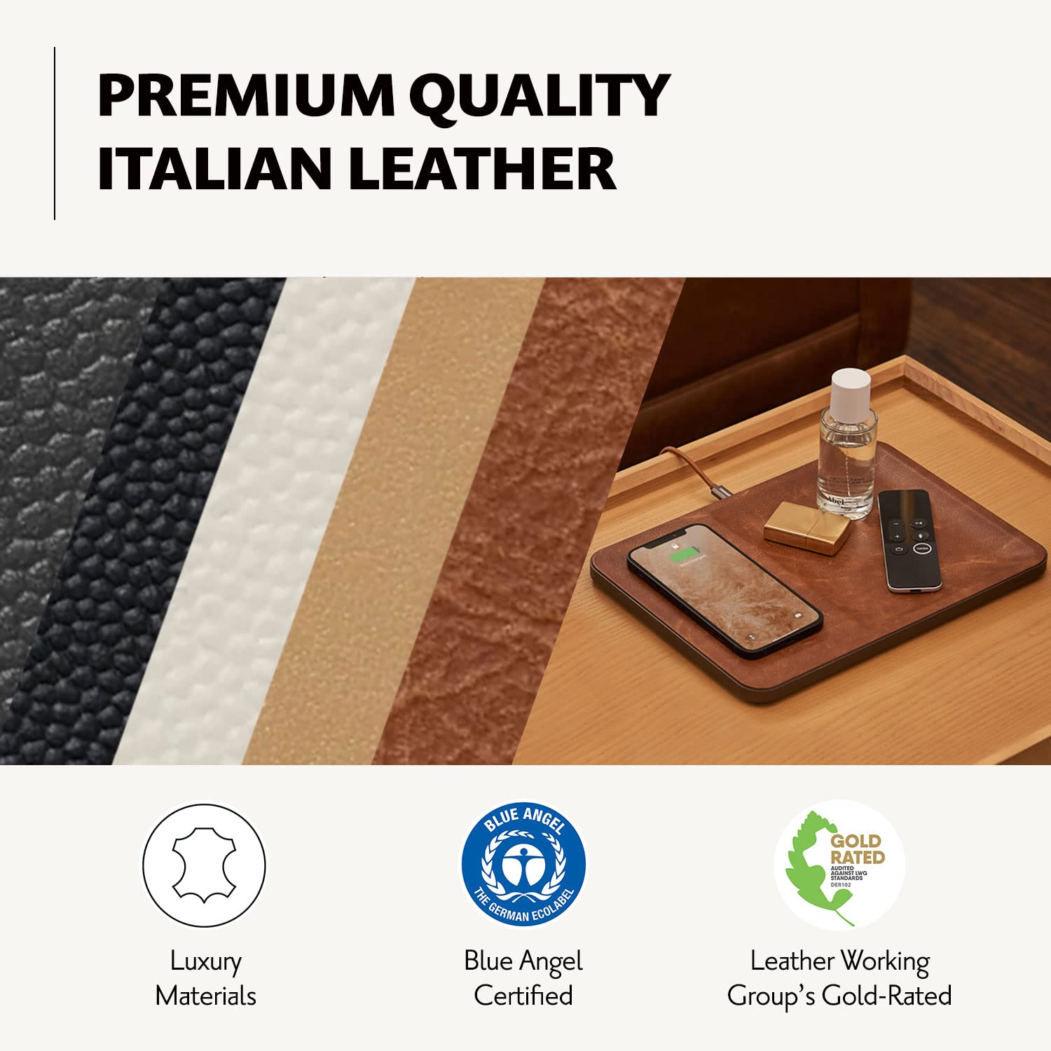 COURANT Catch:3 Classics - Premium Italian Leather Wireless Charging Station & Valet Tray (Black) - Fast Qi Charger for iPhone 16/15/14/13/12/11, Galaxy S24/S23/S22/S21/S20, AirPods - Perfect for Nightstand, Office Desk & Travel Organization