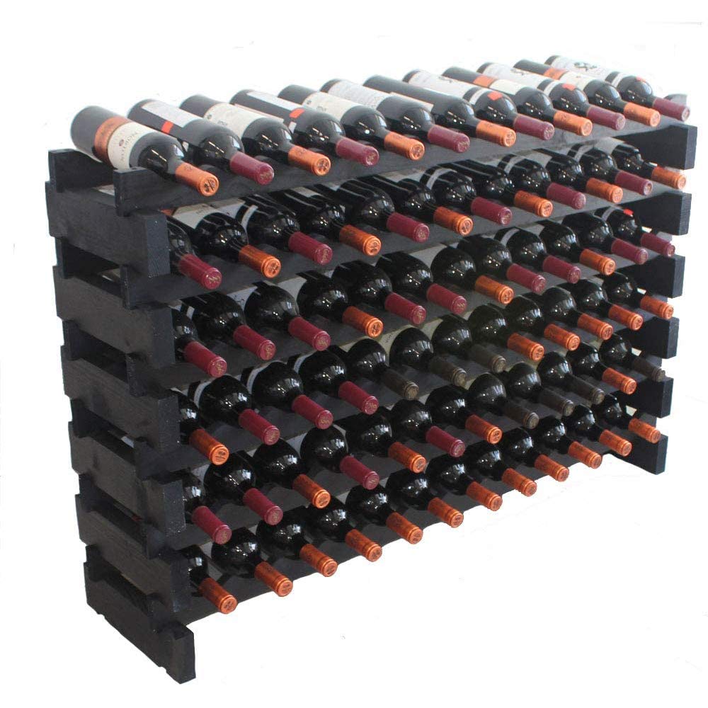 MengK Black Wooden Stackable Modular Wine Rack - Sturdy Wobble-Free Storage Stand & Display Shelves for Home Bar, Kitchen, or Dining Room Organization