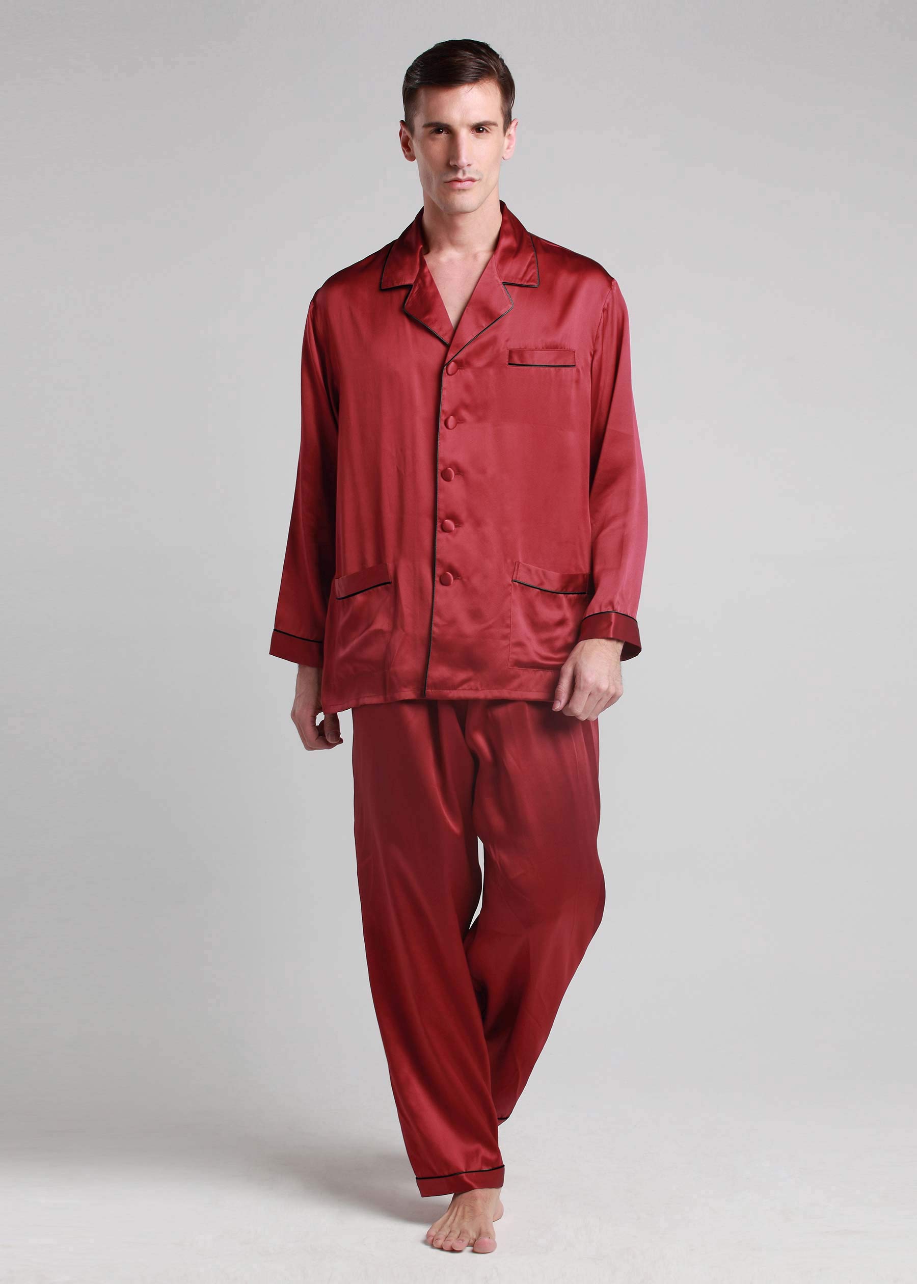 Premium 100% Silk Pajamas for Men - Long Sleeve Soft Lounge Sleepwear with Contrast Trim | Ideal for Relaxing at Home, Spa Days & Luxury Gifts