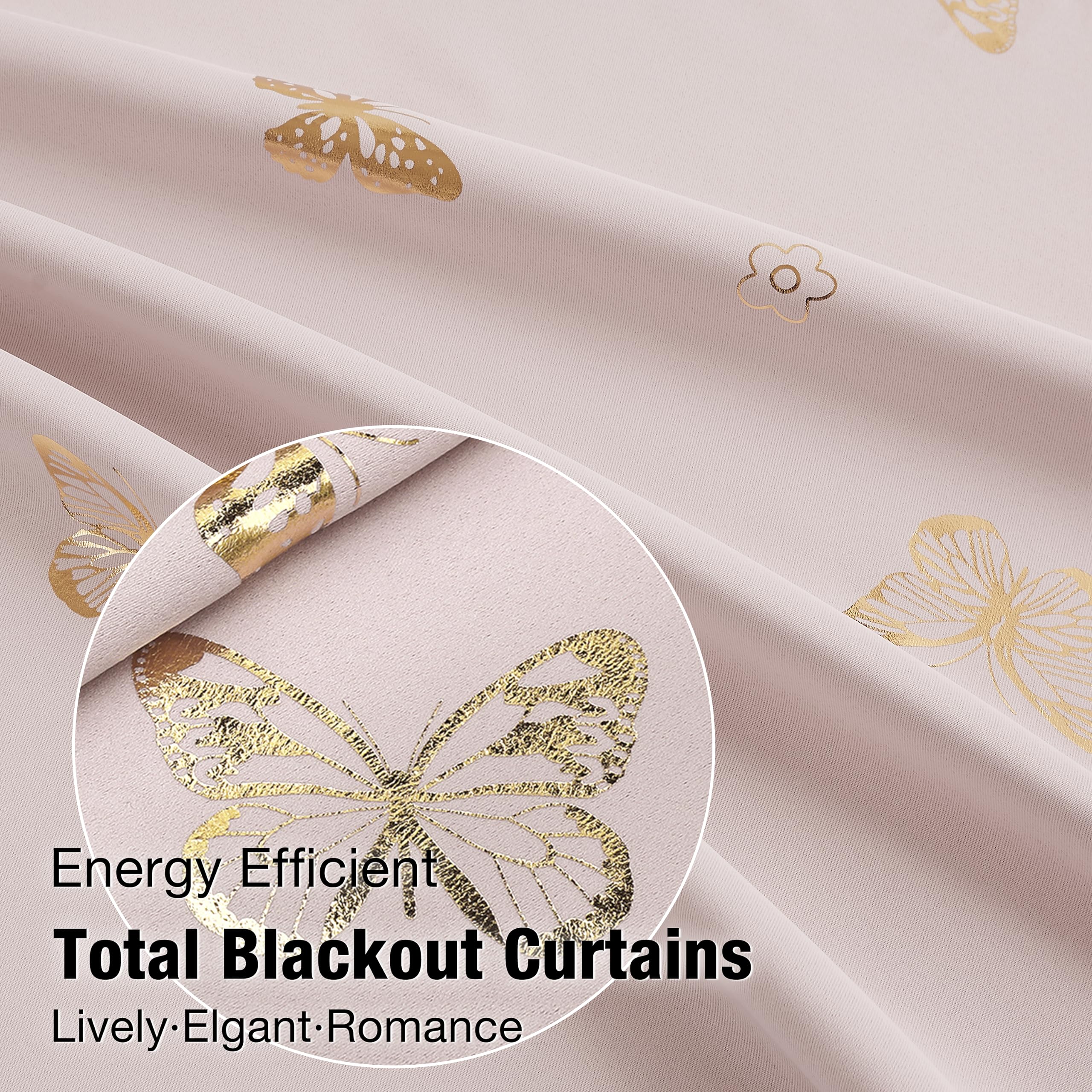 Jubilantex Pink Gold Butterfly Blackout Curtains - Thermal Insulated Grommet Window Drapes with Black Layer for Girls Bedroom (52x95 Inch, 2 Panels) - Perfect for Nursery, Kids Room & Light-Sensitive Sleepers