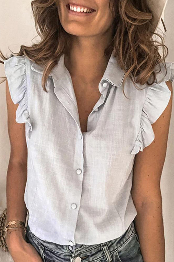 Stylish Solid Color Short Sleeve Ruffle Button Front Shirt for Women - Perfect for Casual Outings, Office Wear & Summer Fashion