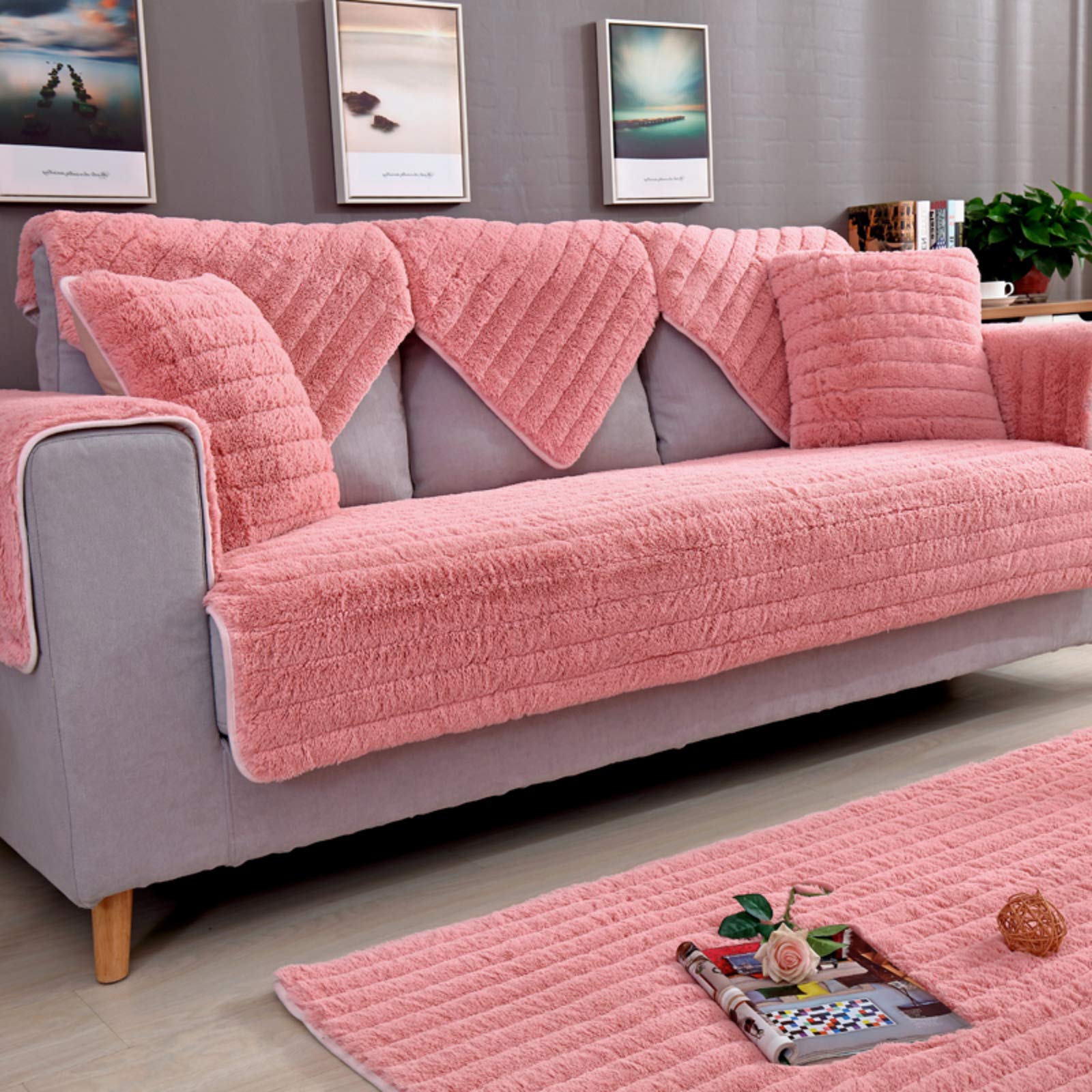 ZYFAB Velvet Plush Sectional Sofa Cover - Anti-Slip Furniture Protector for Pets & Kids (Pink, 90x180cm/35x71inch) - Perfect for Living Room, Family Room & Pet-Friendly Homes
