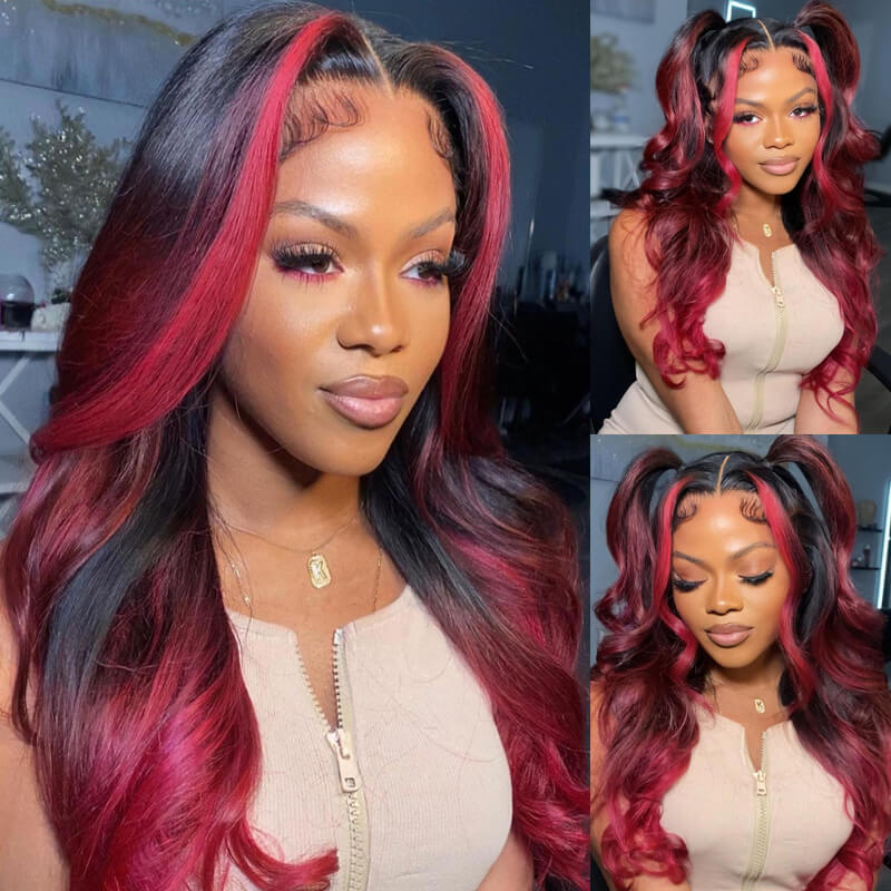 Eullair 13x4 Lace Front Wig - Colored Skunk Stripe Ombre Body Wave Human Hair (Perfect for Cosplay, Halloween & Daily Fashion)