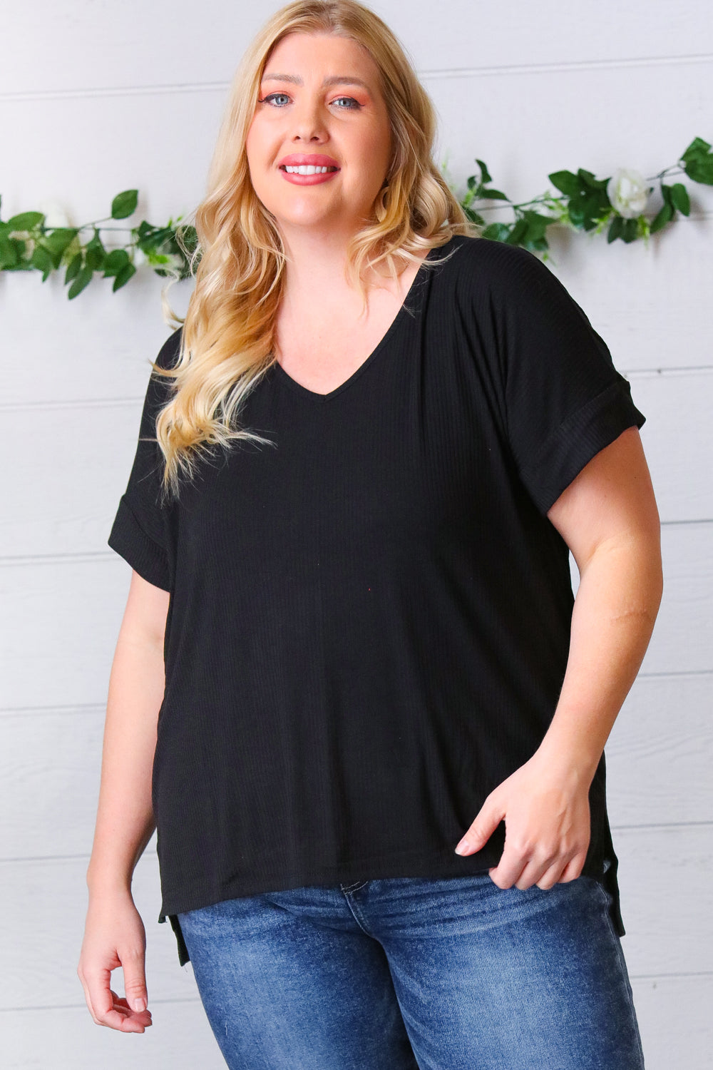 Black Ribbed V-Neck Hi-Low Slit Top for Women - Stylish & Sexy Tunic Blouse for Night Out, Party, or Casual Wear
