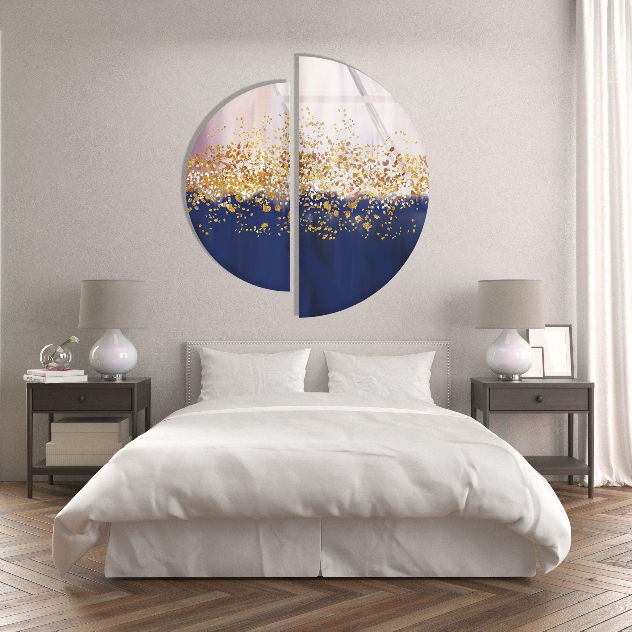 2 Piece Golden Abstract Glass Wall Art Set - Modern Home Decor for Living Room, Bedroom & Office - Elegant Handmade Glass Panel Artwork for Stylish Interior Design